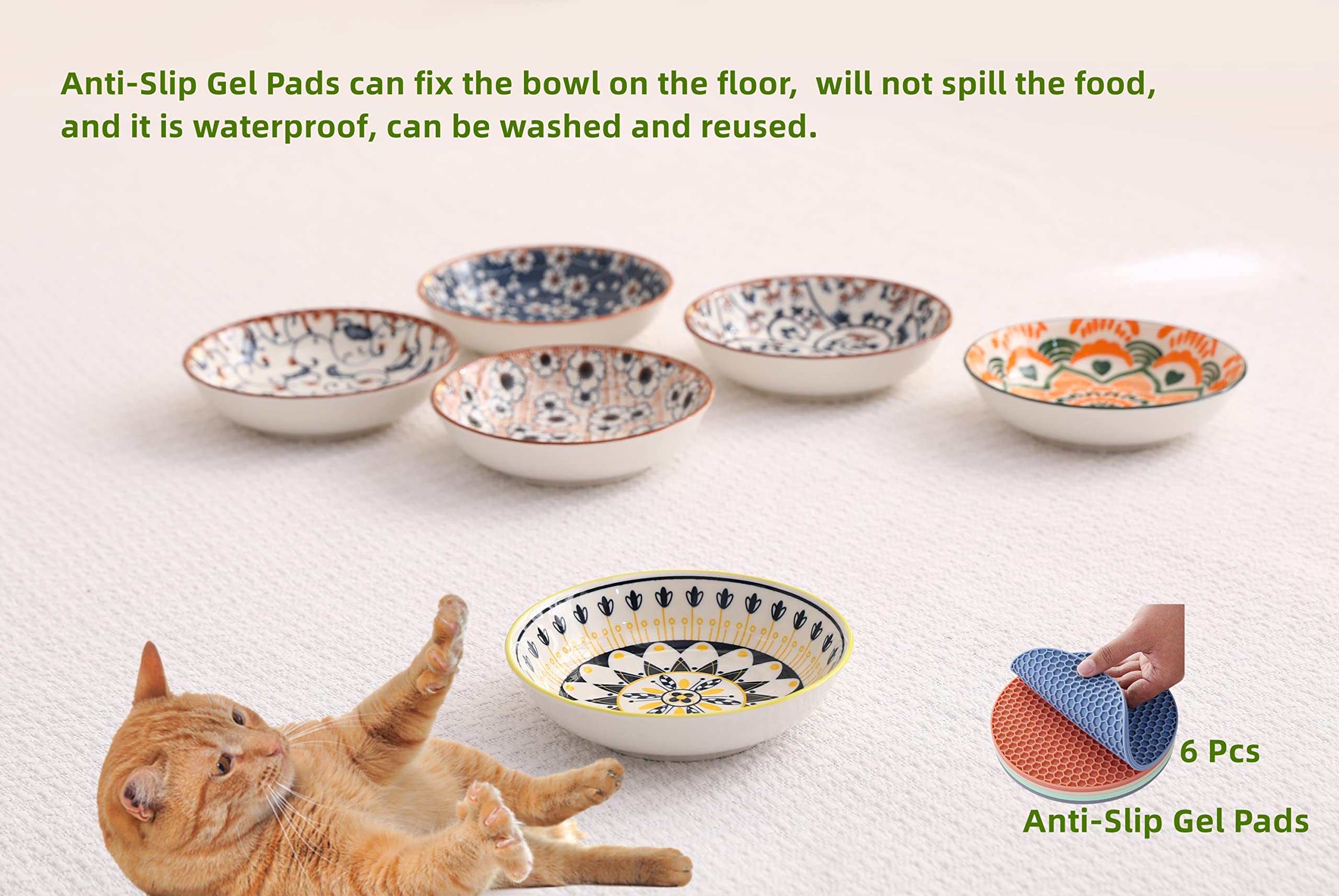 Premium Ceramic Cat Bowls Set of 6 - 5.5 Inch Whisker Friendly Cat Food Dishes for Indoor Cats, Shallow Wet Food Plates to Prevent Whisker Fatigue - Perfect for Kittens & Adult Cats at Home or Vet Visits
