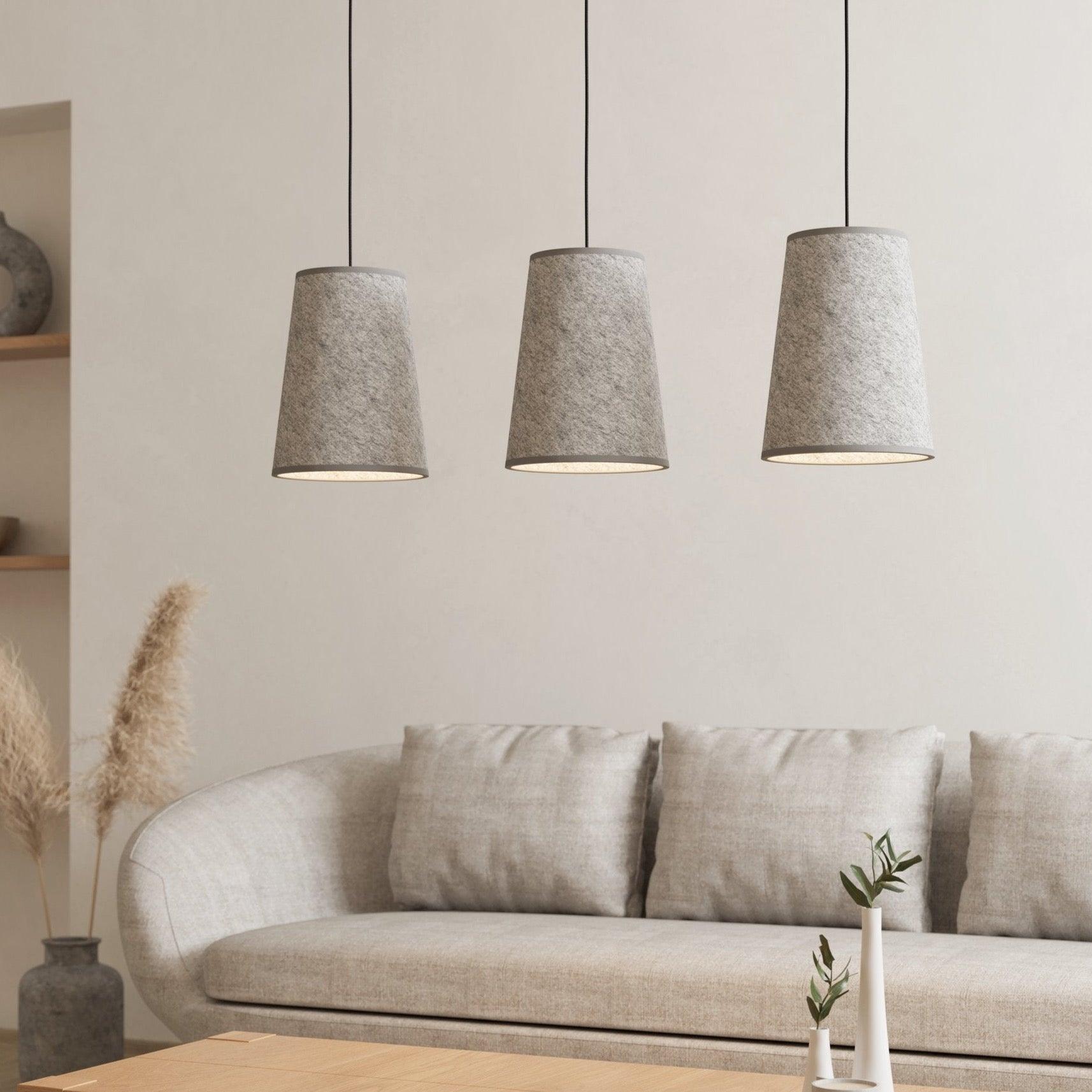 Eglo Alsager 3-Light Grey Felt Conical Ceiling Pendant Light Fixture - Modern Dining Room, Kitchen Island, or Bedroom Lighting