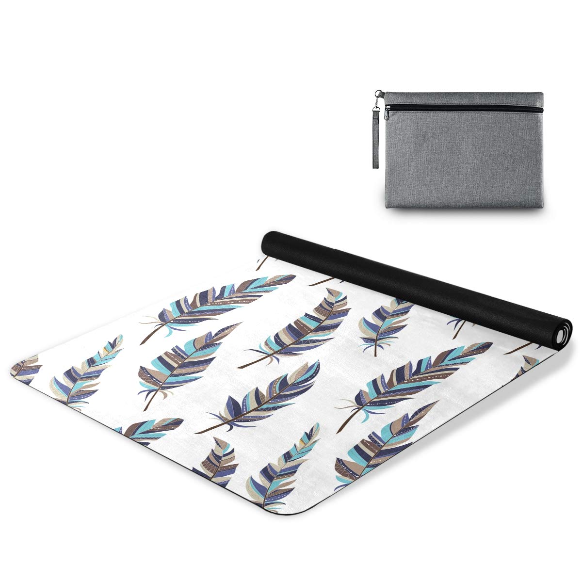 MOYYO Boho Style Feather Print Yoga Mat - Non-Slip Natural Rubber Suede Surface for Hot Yoga, Pilates & Floor Exercises - 71x26 Inch Portable Travel Fitness Mat - Perfect for Home, Studio & Outdoor Yoga Sessions
