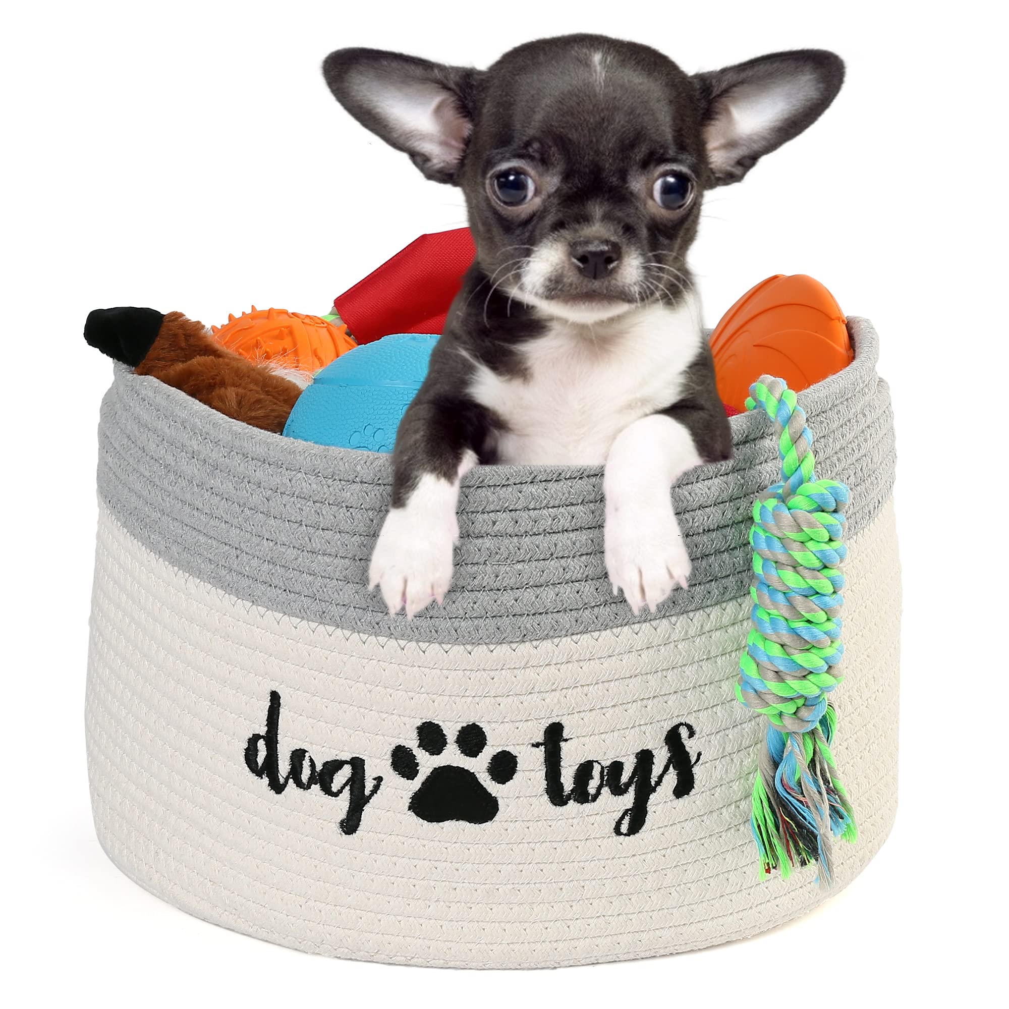 PrimePets Cotton Rope Dog Toy Basket - Small Woven Storage Bin with Handles for Dog Toys (15x10x9 Inch) - Pet Organizer for Living Room, Bedroom & Playroom - White & Grey Pet Basket Container