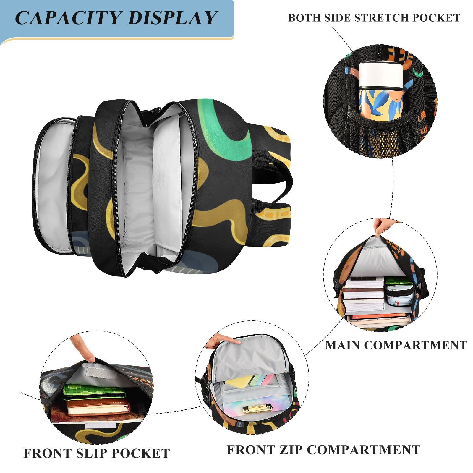 Lightweight Black Snake Print Laptop Backpack - Waterproof School Bag for Students, Travel & Work with Reflective Stripes - Perfect for College, Commuting & Outdoor Adventures