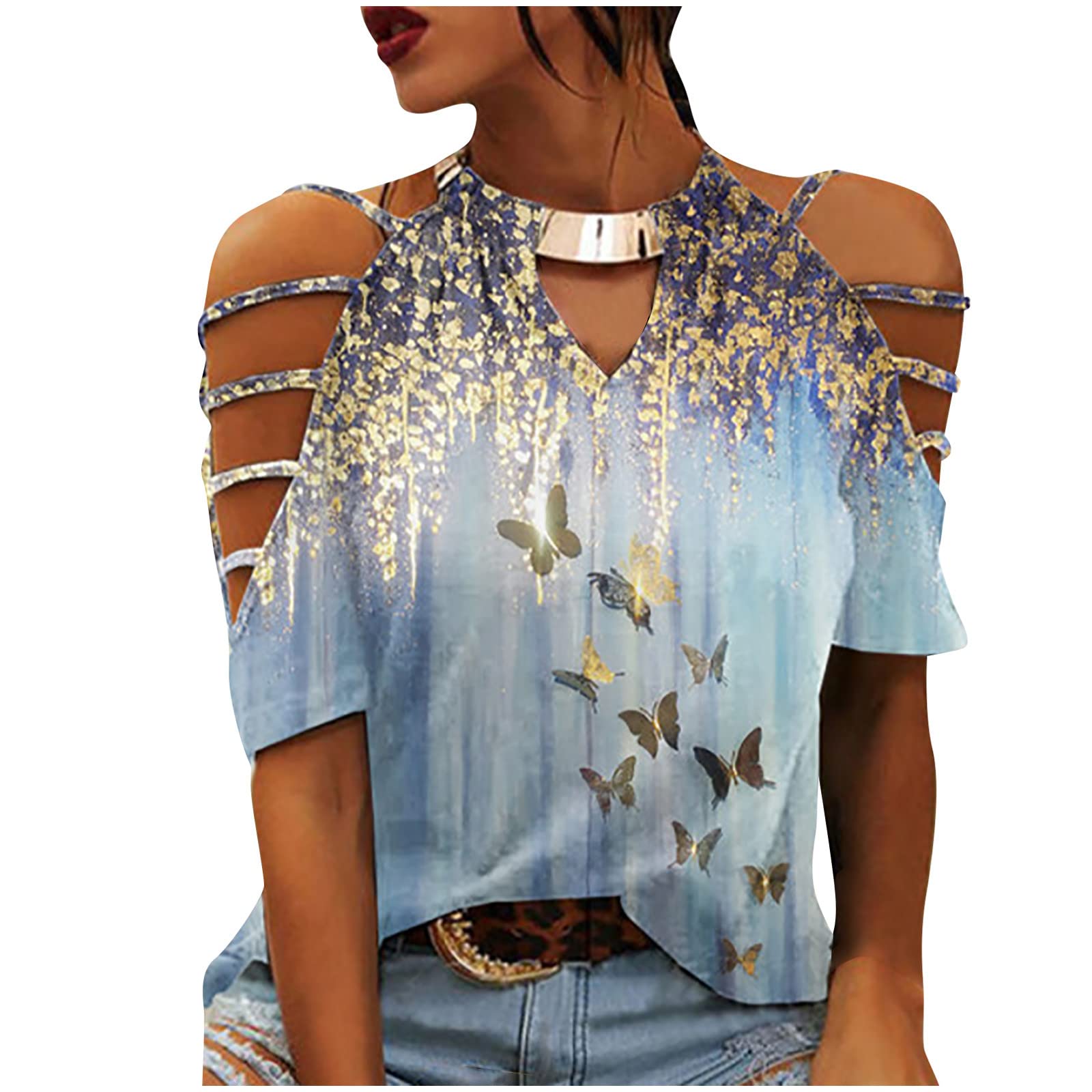 Women's Plus Size Cropped Off Shoulder Halter Top - Short Sleeve Summer Blouse & Casual Tunic Tee with Butterfly Design | Perfect for Beach, Vacation & Everyday Wear