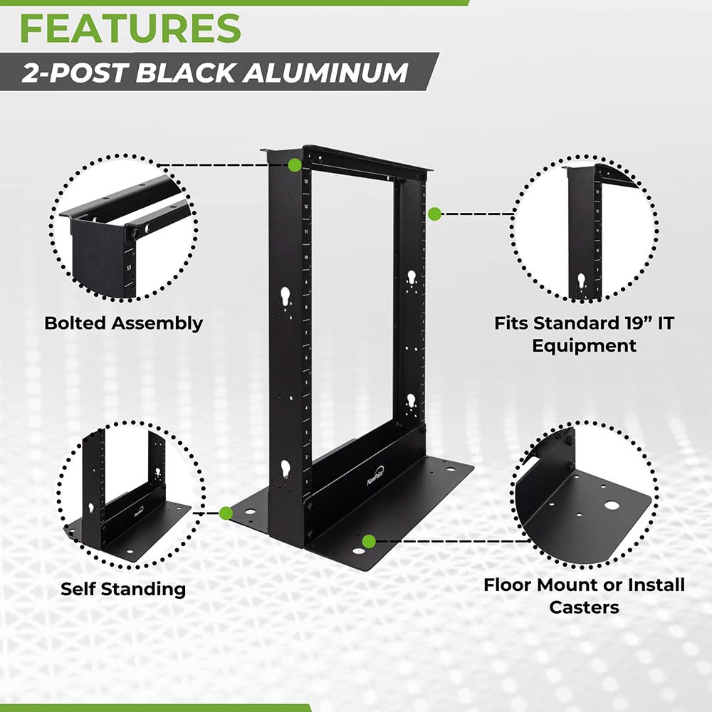 NavePoint 13U 2-Post Open Frame Server Rack - 19 Inch Equipment Rack for AV, Networking, Data & IT Devices - 661lbs Weight Capacity - Black - Perfect for Data Centers, Server Rooms & Office IT Installations