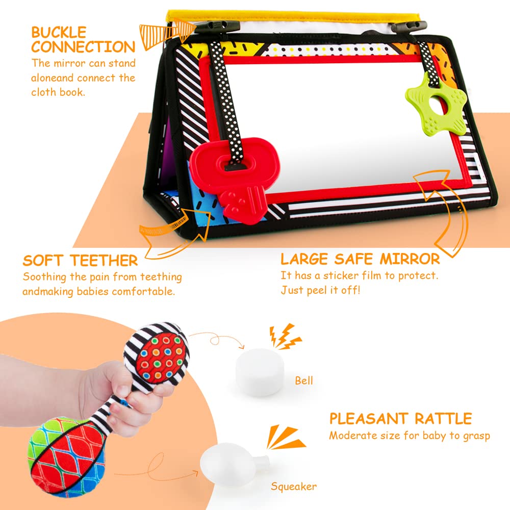 3-in-1 Tummy Time Mirror & Sensory Toy Set with Soft Crinkle Book, Teether, Rattle - High Contrast Black & White Montessori Baby Developmental Toys for Newborns 0-12 Months | Perfect for Crawling Practice, Sensory Stimulation & Early Learning