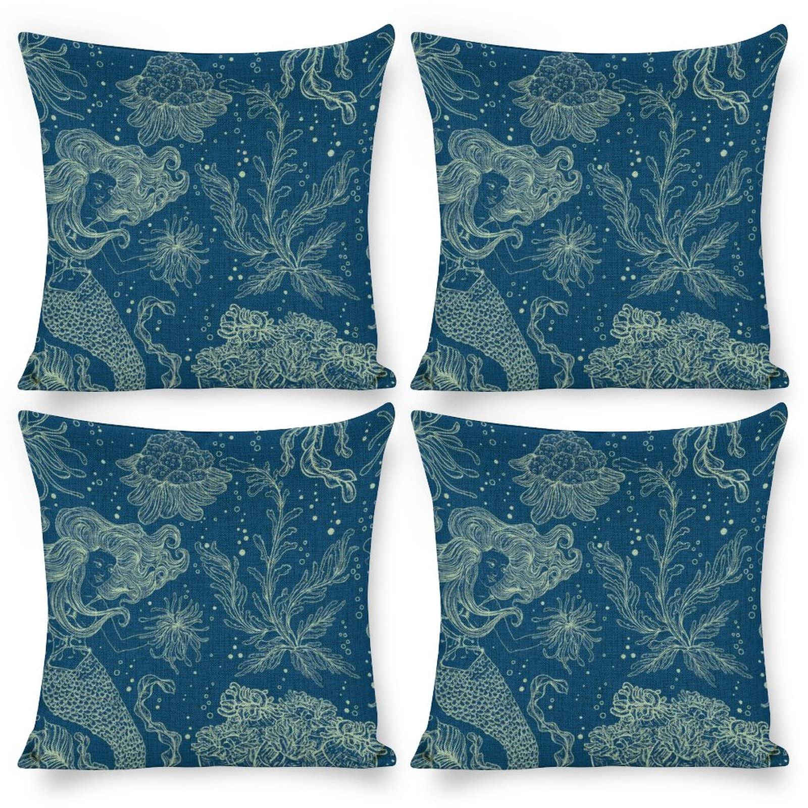 WoBnay 18x18 Inch Cotton Linen Pillow Covers Set of 4 - Mermaid Coral Beach Theme Farmhouse Decor for Sofa, Bed, Couch | Summer Home Accents & Coastal Living Room Decor