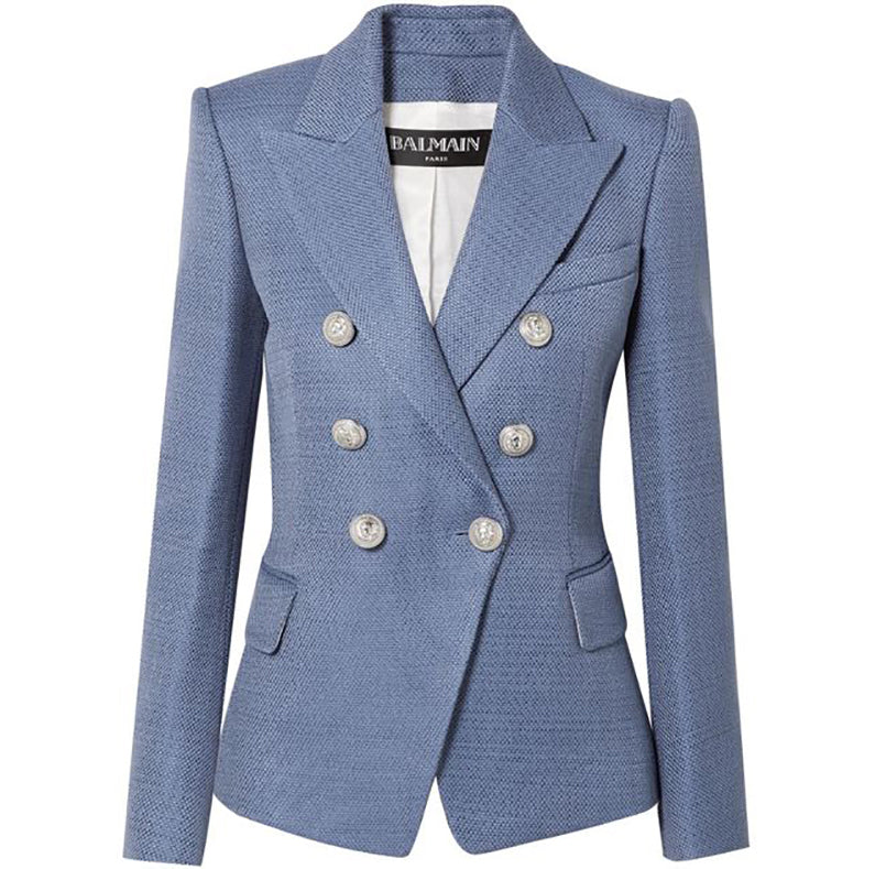 Balmain Cornflower Blue Tweed Blazer with Silver Lion Buttons - Luxury Women's Jacket for Office, Party & Special Occasions