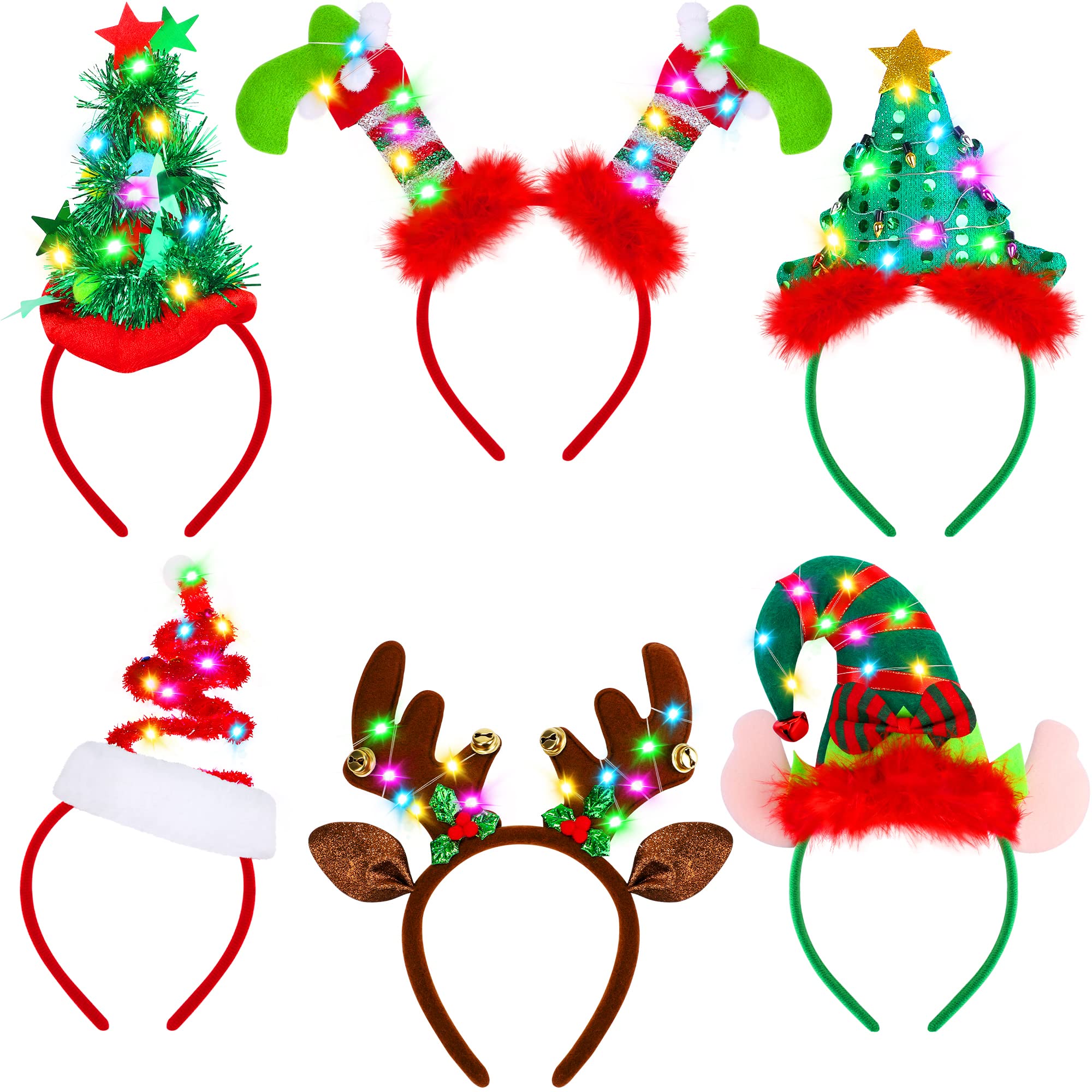 Hiwooii 6 Pack Christmas LED Headbands - Festive Elf & Reindeer Costume Headwear with 6 Unique Designs for Holiday Parties | Perfect for Christmas Celebrations, Office Parties & Family Gatherings