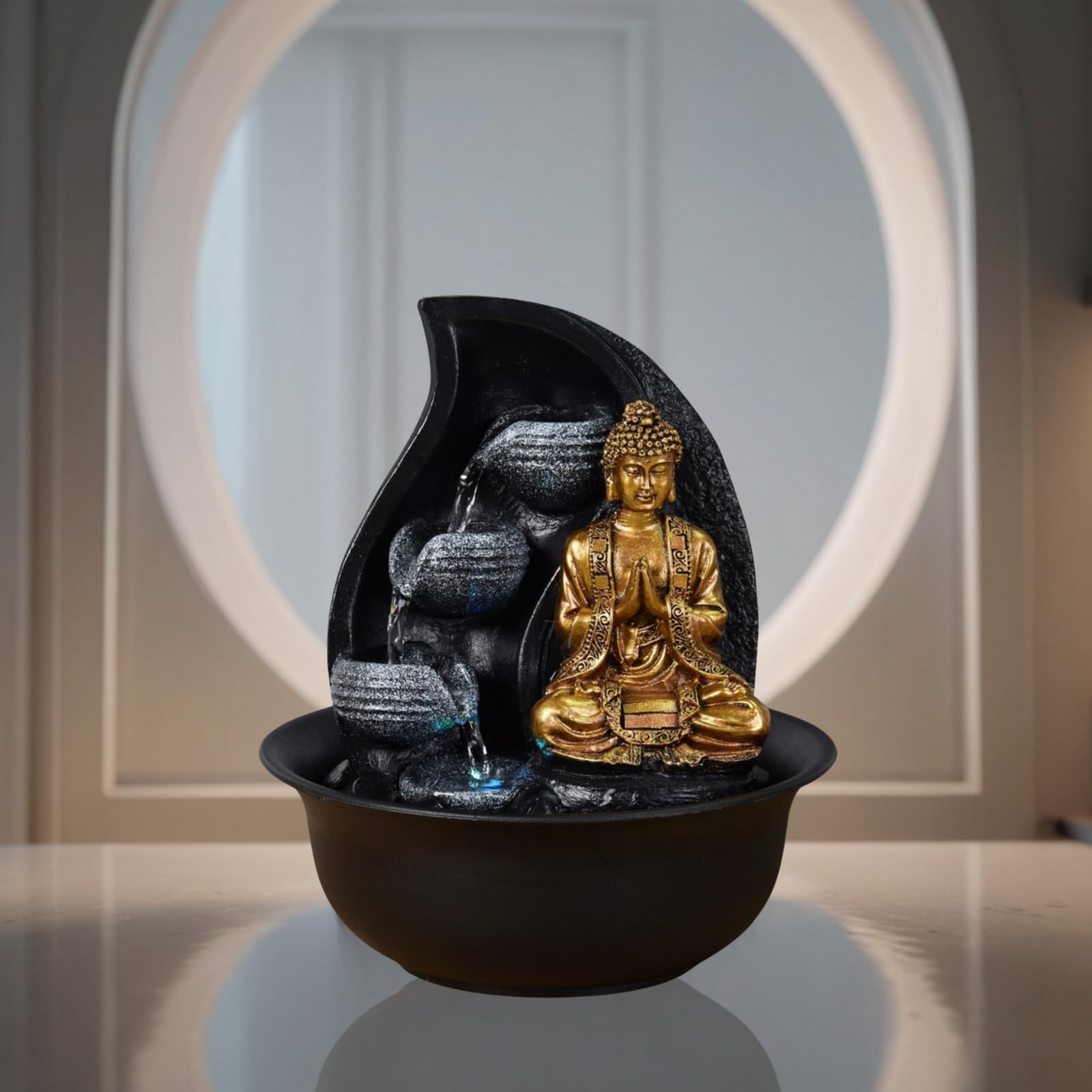 Zen Light Praya - Indoor Water Fountain with LED Lights and Pump, Resin Golden Fountain for Home Decor, Office Relaxation & Meditation Space