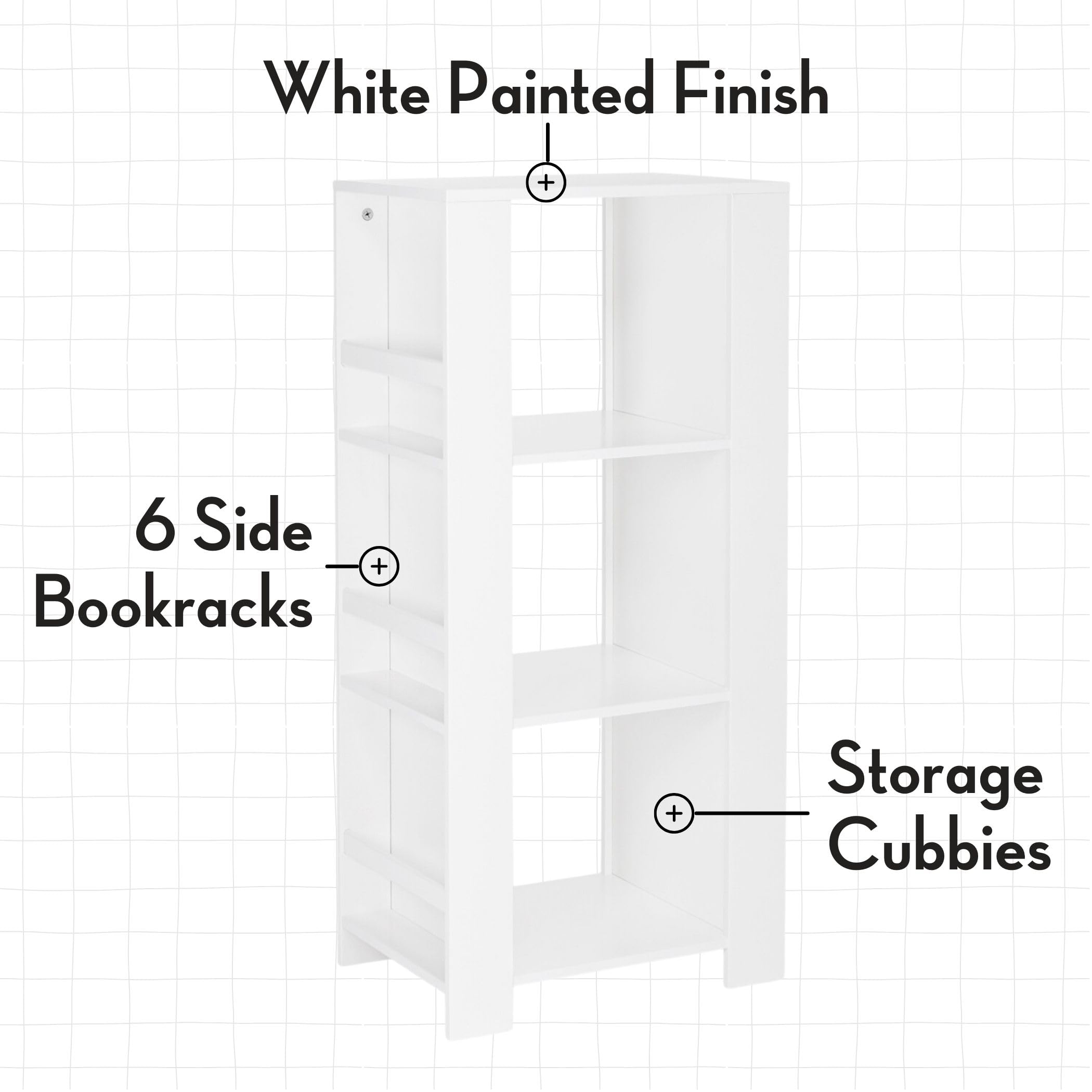 RiverRidge Kids Book Nook Tower - 3-Tier Bookshelf & Toy Storage Organizer with 6 Book Racks & 2 Gray Storage Bins | Perfect for Playroom, Nursery & Bedroom Organization | Space-Saving Kids Furniture for Books & Toys
