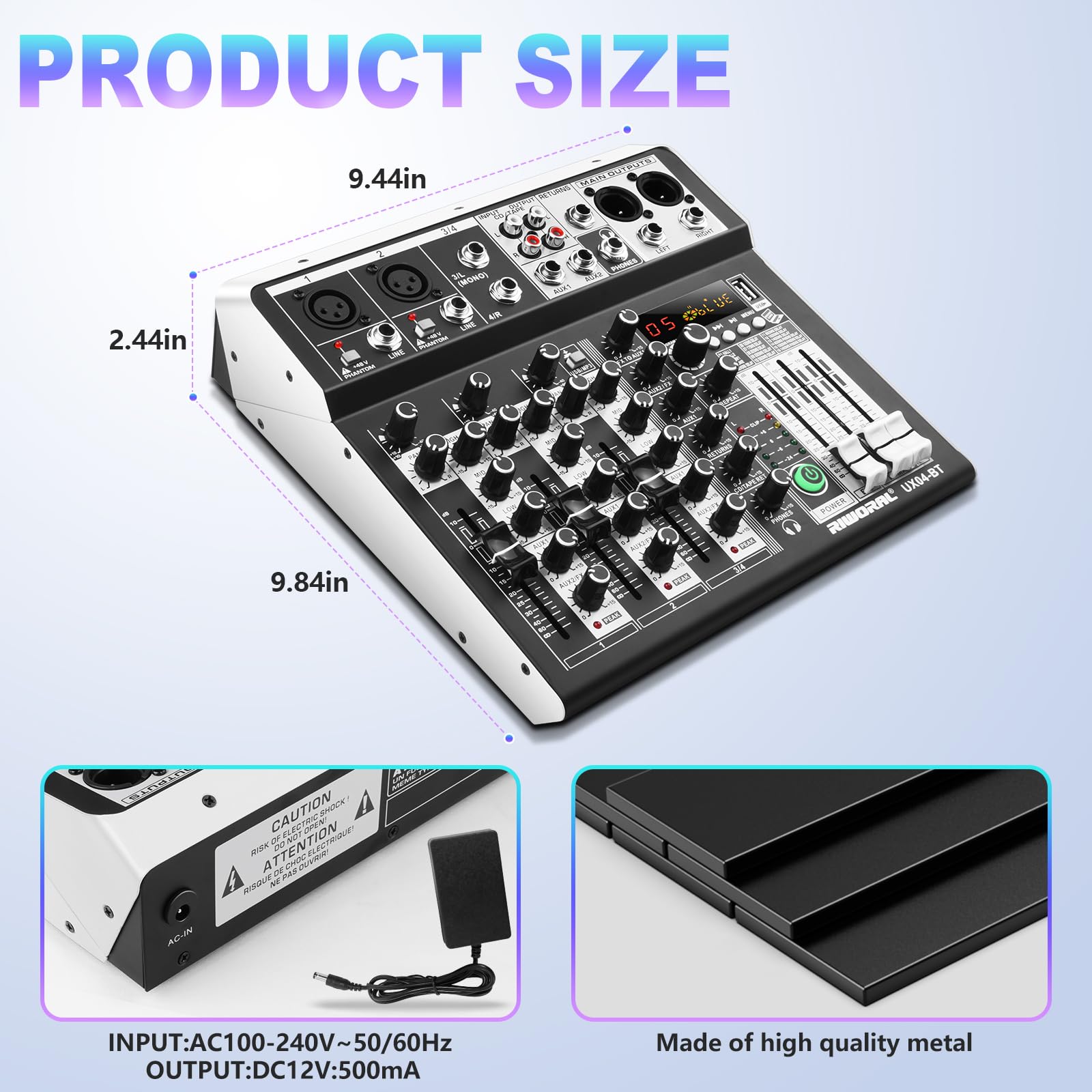 4 Channel USB Audio Mixer with 16-Bit DSP Effects, Bluetooth & +48V Phantom Power - Professional DJ Mixer Sound Board for Karaoke, Studio Recording, Live Streaming & Podcasting