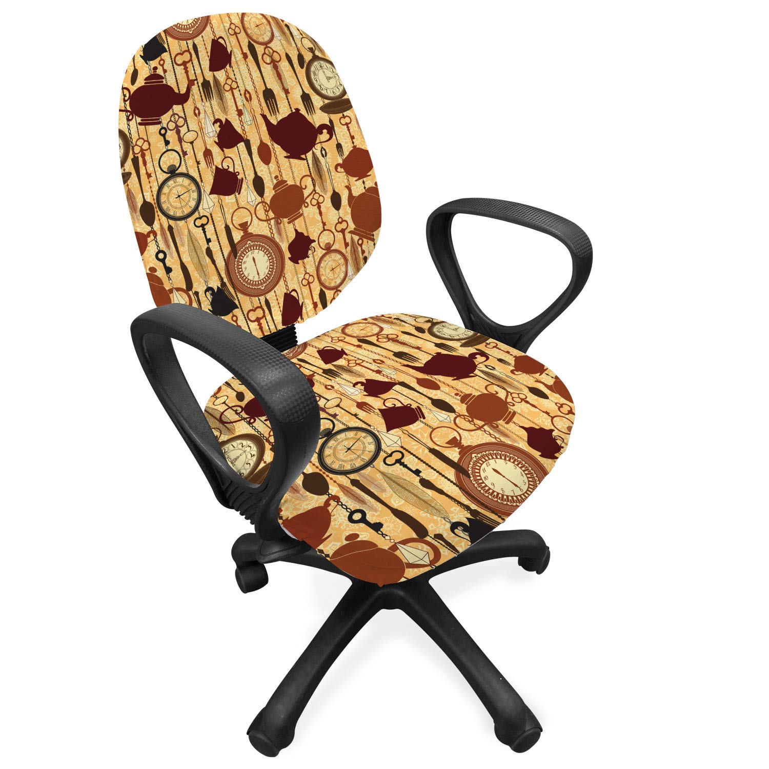 Ambesonne Victorian Style Tea Party Office Chair Slipcover - Stretch Fabric Cover with Breakfast Time Print (Teacups, Forks, Spoons Chain Design) in Brown Redwood - Perfect for Home Office, Dining Room & Vintage Decor