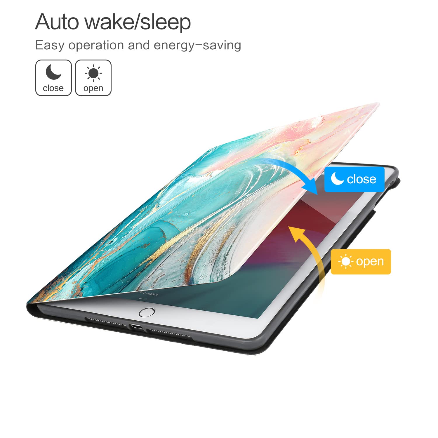 Premium Leather Folio Case for iPad 5th/6th Gen & iPad Air 1/2 - 9.7 Inch Smart Cover with Auto Wake/Sleep, Adjustable Stand, Blue & Pink Marble Design - Perfect for Work, Travel & Home Use