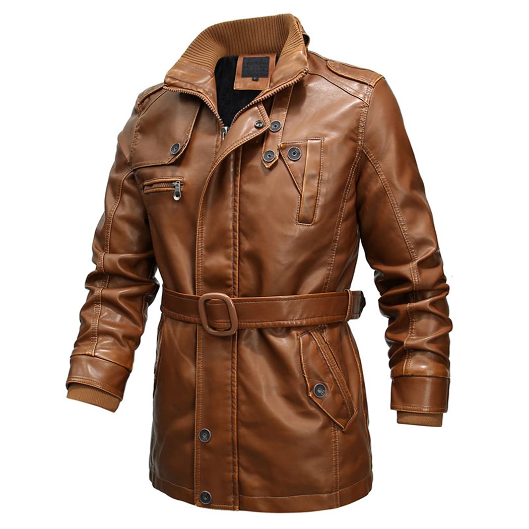 November's Chopin Men's Faux Leather Moto Jacket with Belt - Thick Winter Trench Coat for Motorcycle Riding & Outdoor Adventures