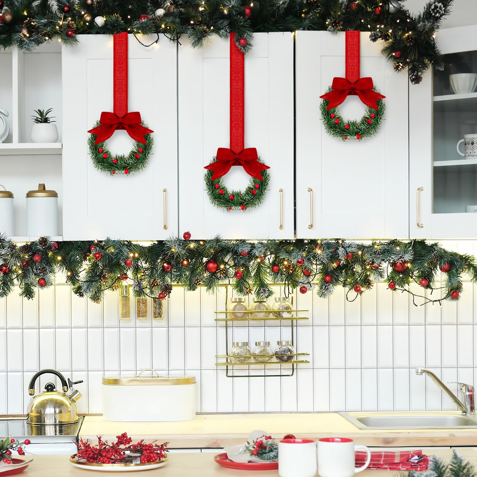 12 Pcs Mini Christmas Wreaths 3.94 Inch - Red Holiday Kitchen Cabinet Decor with Ribbon for Windows, Doors, and Home Decoration - Classic Style Xmas Ornaments for Festive Season