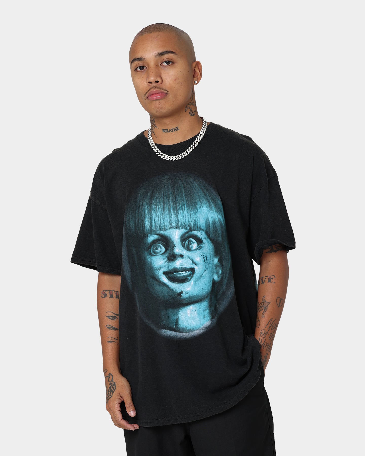 American Thrift X Annabelle Doll Vintage T-Shirt - Black Wash Retro Graphic Tee for Horror Fans & Collectors | Perfect for Halloween Costumes, Movie Nights & Vintage Fashion