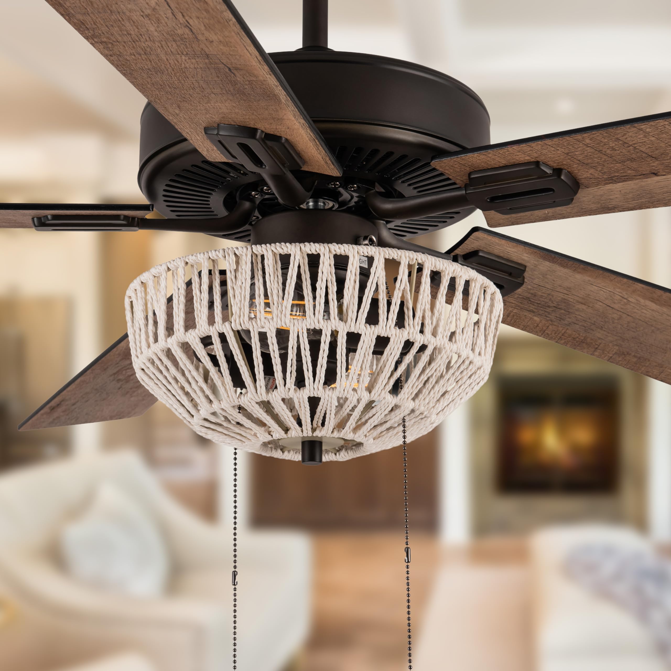 Boho Ceiling Fan with Hand Woven Rope - 52 Inch LED Light Farmhouse Ceiling Fan with Macrame Knot Work and Hemp Rope Style - Rustic Barnwood Blades for Bedroom, Living Room, Porch, and Cottage Decor