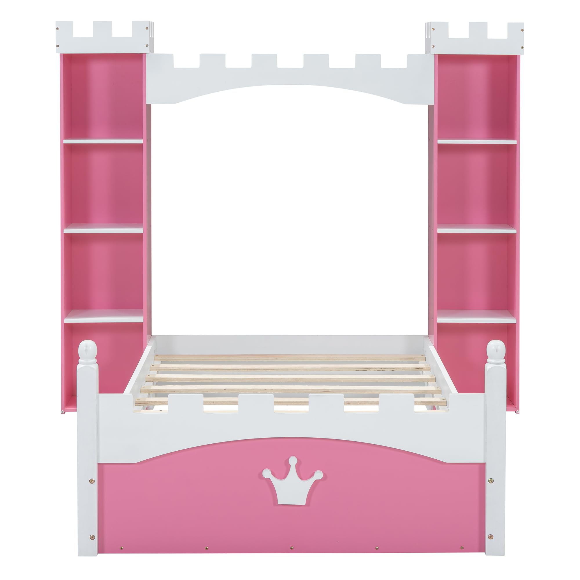 Harper & Bright Designs Twin Size Wooden Platform Bed with Bookcase Headboard - Castle-Shaped Princess Bed Frame for Kids, No Box Spring Needed, Pink & White | Perfect for Small Bedrooms, Kids' Rooms & Space-Saving Storage Solutions