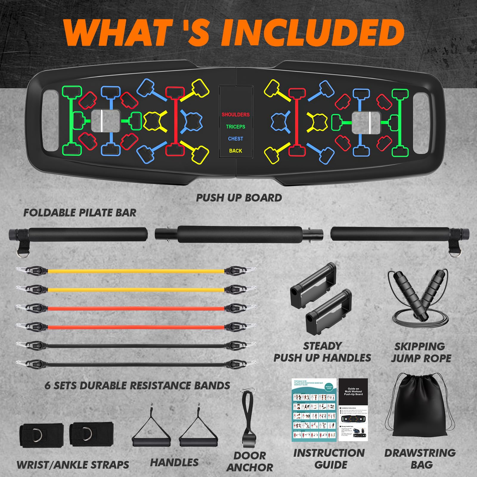 KUYOU Portable Home Gym Equipment - Push Up Board, Pilates Bar & Resistance Bands for Upper Body & Full Body Workout | Strength Training Fitness Accessories for Home, Travel & Small Space Workouts