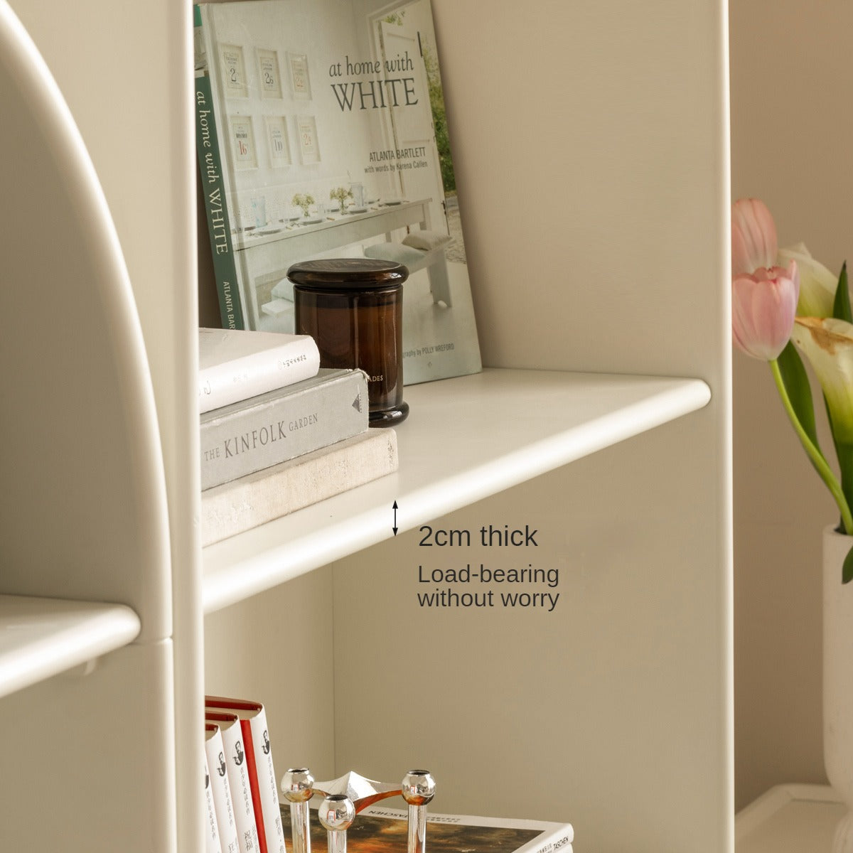 Solid Poplar Wood Arch Bookcase - Display Cabinet & Bookshelf in Cream for Living Room, Bedroom & Office Storage