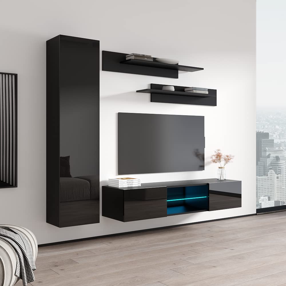 Modern Floating TV Stand with Storage & LED Lights - Wall-Mounted Entertainment Center for Bedroom & Living Room - 33 Inch TV Console with Shelves - Black - Perfect for Small Spaces & Home Theater Setup