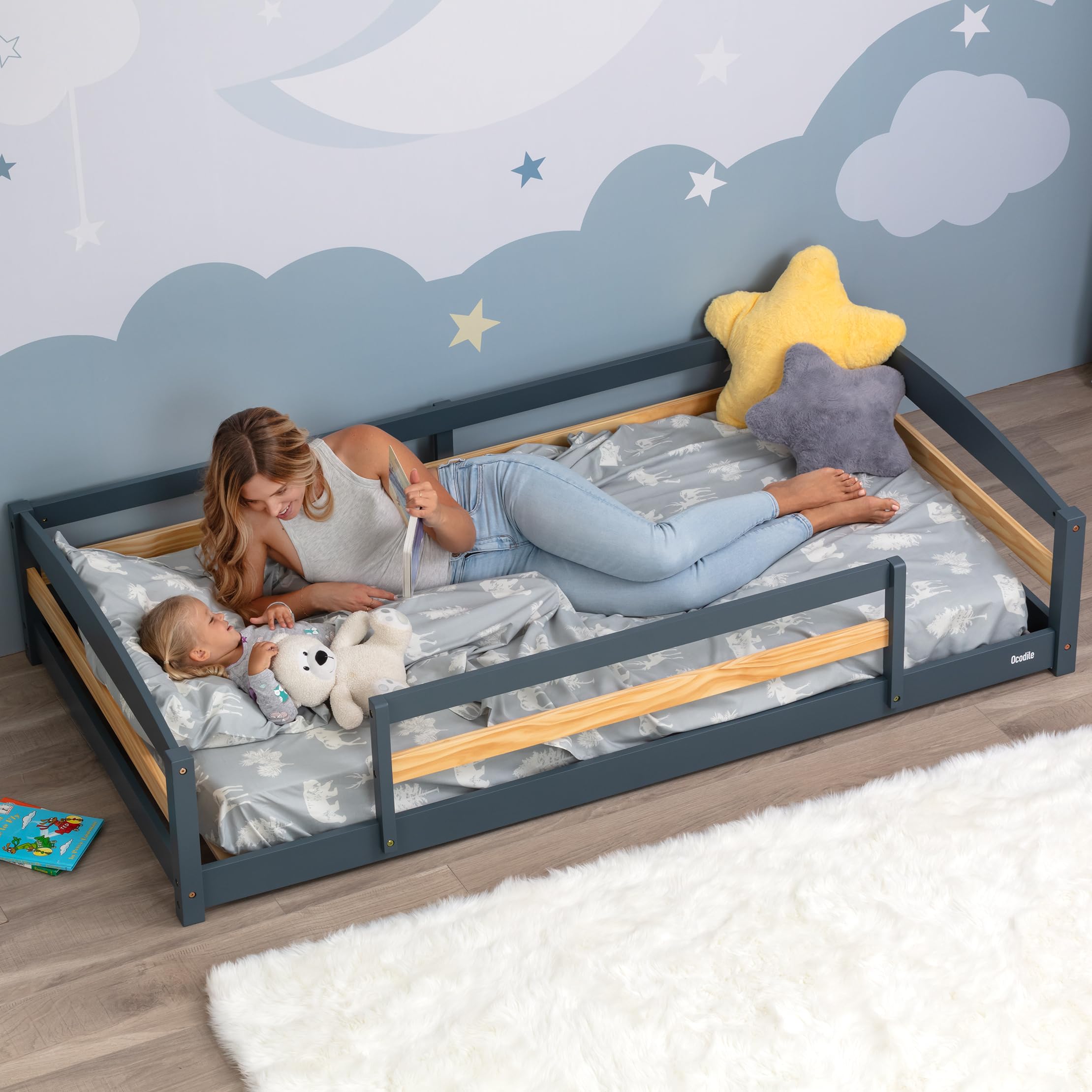 Montessori Twin Floor Bed with Safety Guardrails for Kids - Gray Twin Size Bed Frame for Girls & Boys | Perfect for Toddler Rooms, Daycare & Montessori Classrooms
