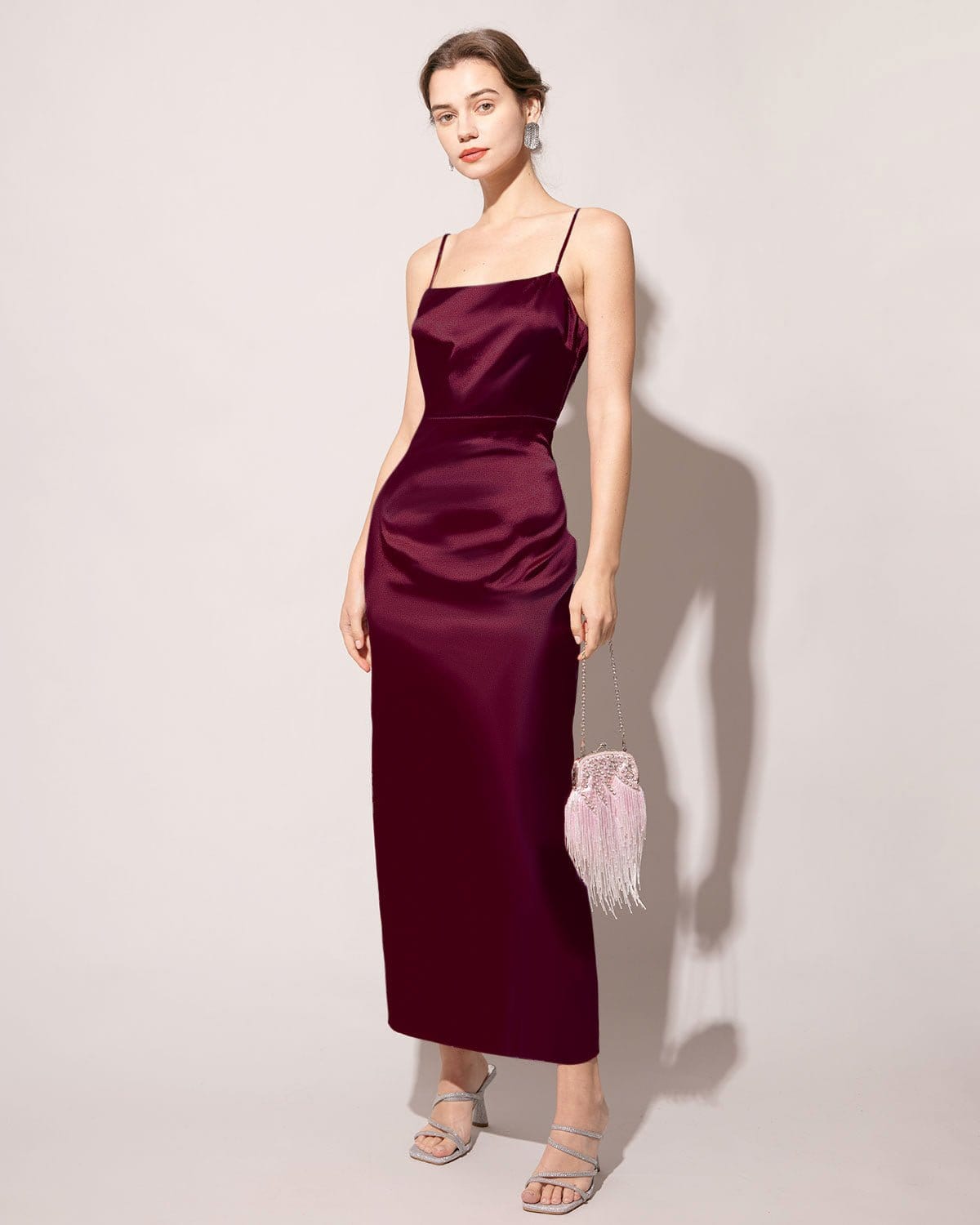 Elegant Red Back Slit Satin Sling Maxi Dress for Women - Sexy Evening Gown for Parties, Date Nights & Special Occasions