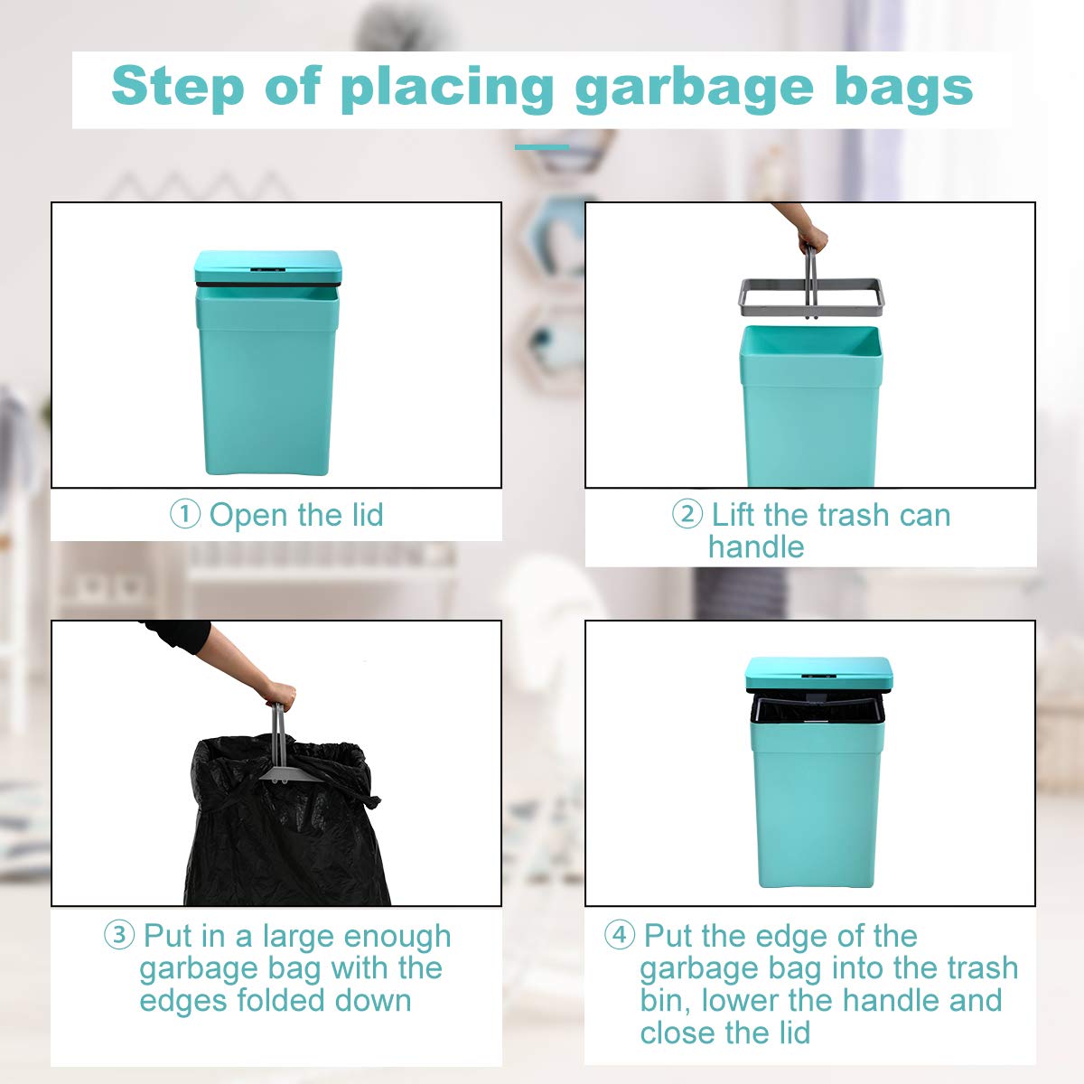 Automatic Motion Sensor Trash Can - 13 Gallon/50L Touch-Free Kitchen Garbage Bin with Lid, High-Capacity Plastic Wastebasket for Bathroom, Bedroom, Home Office - Blue (Ideal for Hands-Free Disposal in Kitchens & High-Traffic Areas)