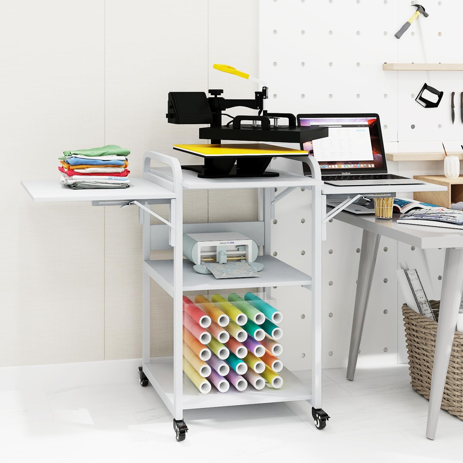 PUNCIA 3-Tier Heavy Duty Rolling Heat Press Table - Foldable Heat Transfer Machine Stand with Metal Shelf Storage for DIY Sublimation & T-Shirt Printing | Perfect for Craft Rooms, Garment Shops & Home Workspaces