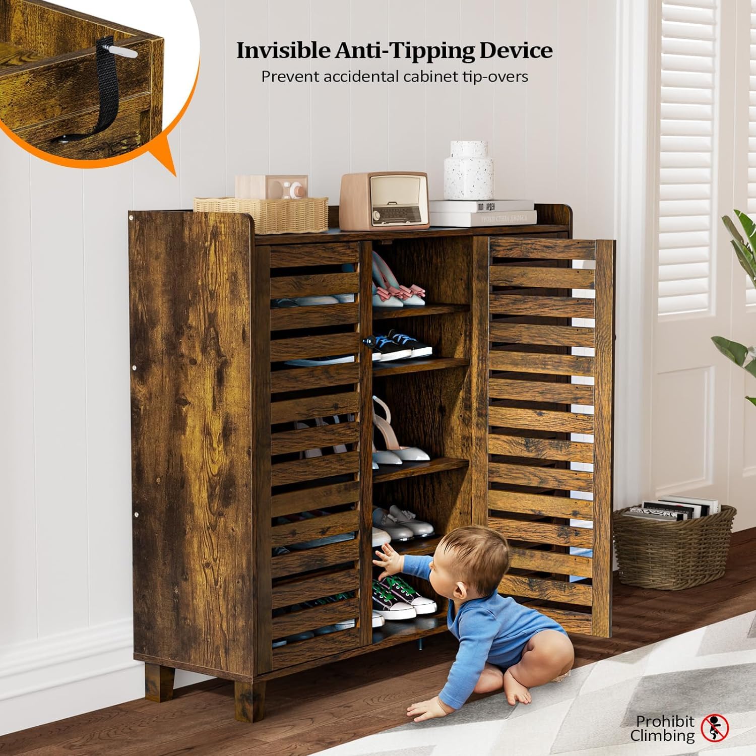 VINGLI 3-Door Hidden Shoe Cabinet Storage Organizer - 5-Tier Adjustable Shelves Freestanding Entryway Shoe Rack for Hallway, Living Room & Bedroom - Rustic Brown Wooden Shoe Storage Cabinet for Home Organization
