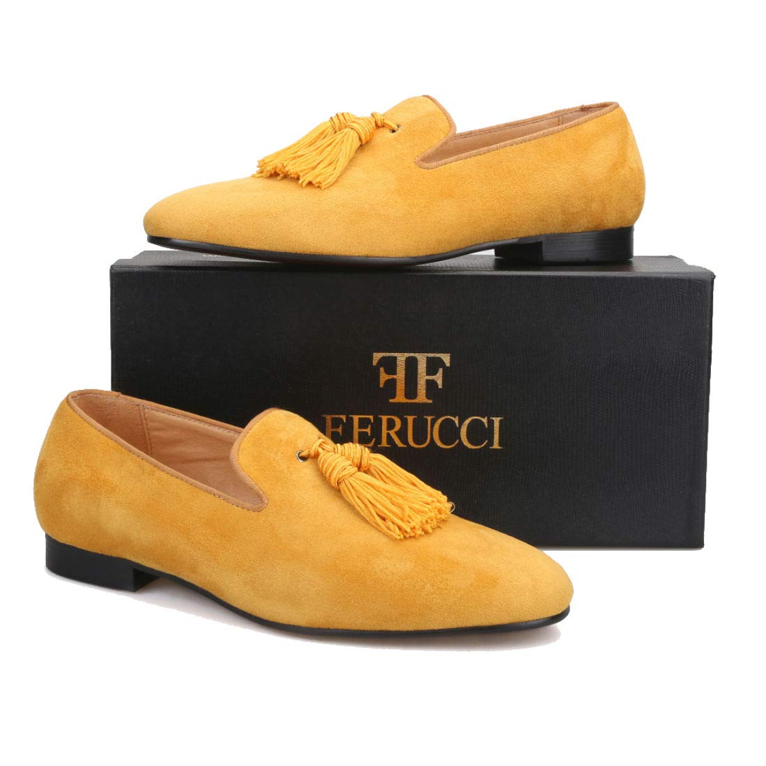 FERUCCI Men's Yellow Gold Suede Loafers with Tassel - Comfortable Slip-On Slippers for Indoor & Outdoor Wear - Perfect for Home, Office, and Casual Outings