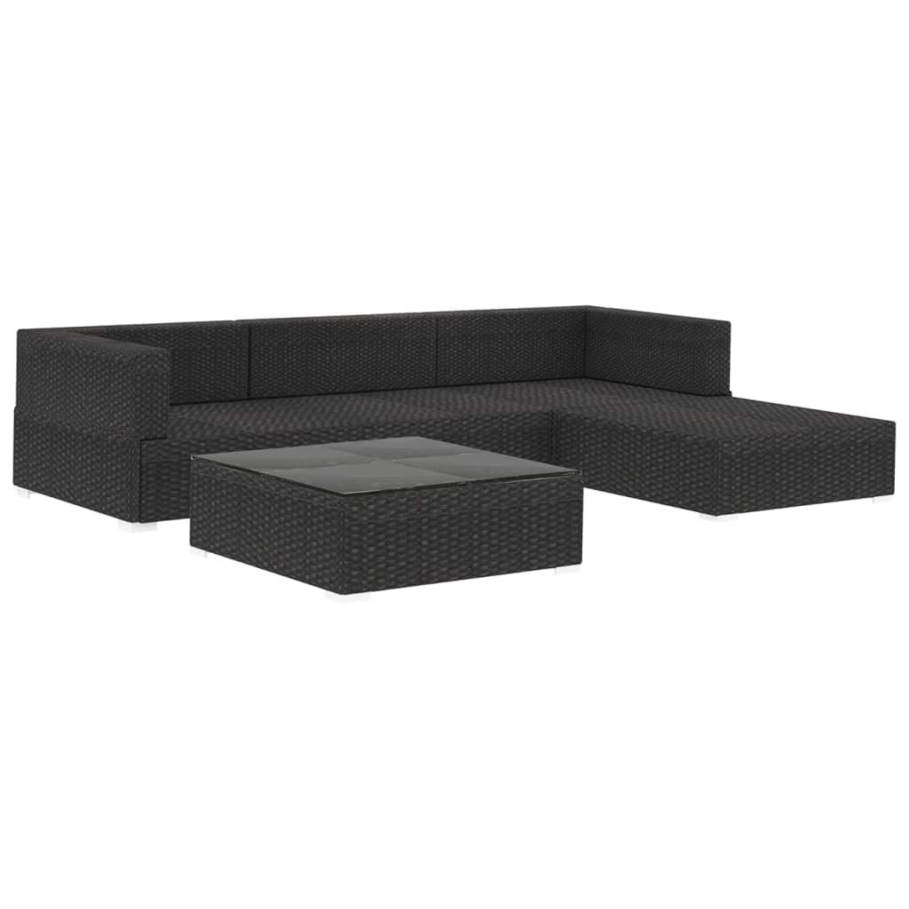 5-Piece Black Poly Rattan Patio Furniture Set with Cushions - Outdoor Sectional Sofa & Coffee Table for Garden, Backyard, Poolside or Deck Relaxation