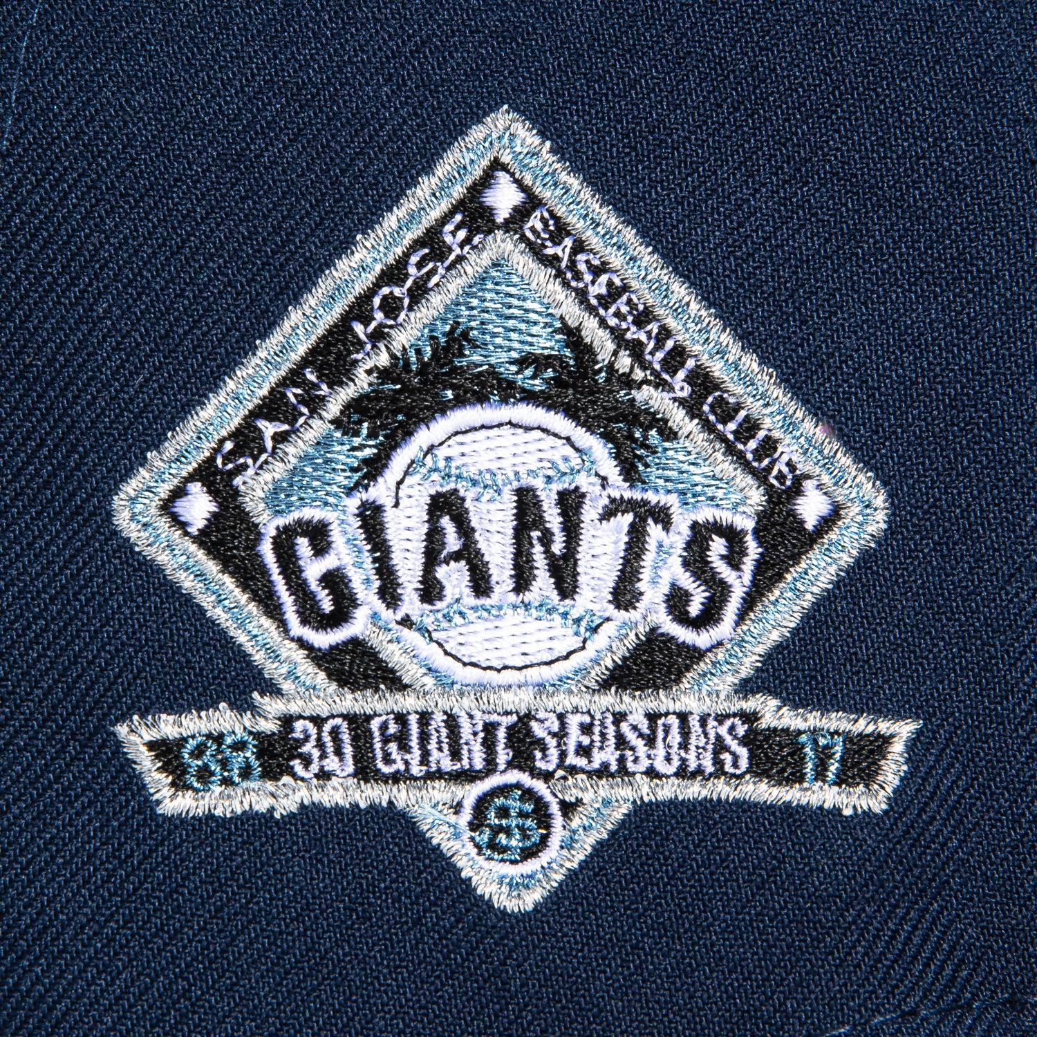 New Era 59Fifty San Jose Giants 30th Anniversary Patch Baseball Cap - Navy, Black, Metallic Silver - Perfect for Baseball Games, Fan Collections & Sports Fashion
