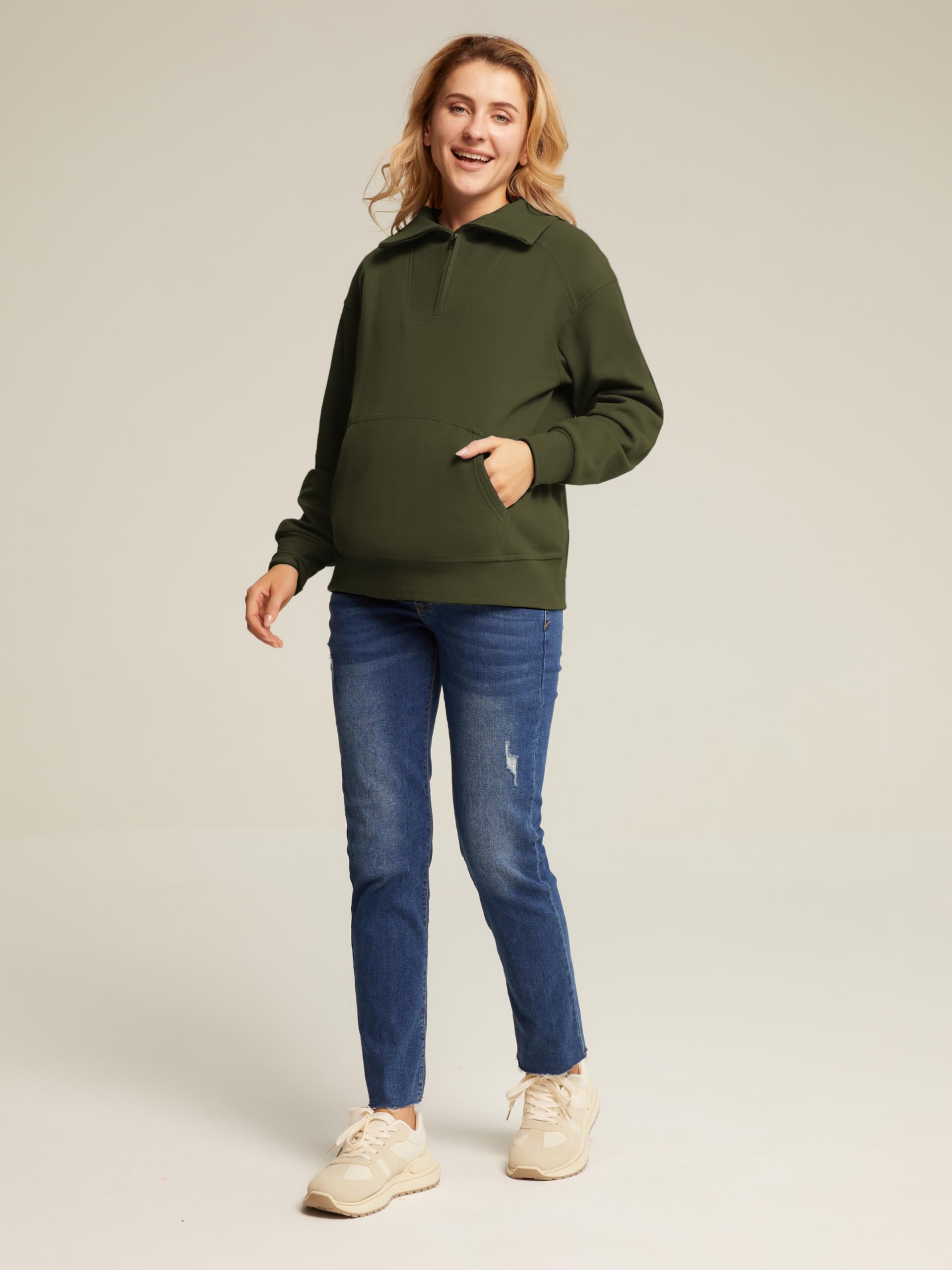 Maacie Maternity Sweatshirt - Half Zip Fleece Pullover with Lapel, Thumbholes & Kangaroo Pocket - Warm Nursing Hoodie for Pregnancy & Postpartum Comfort