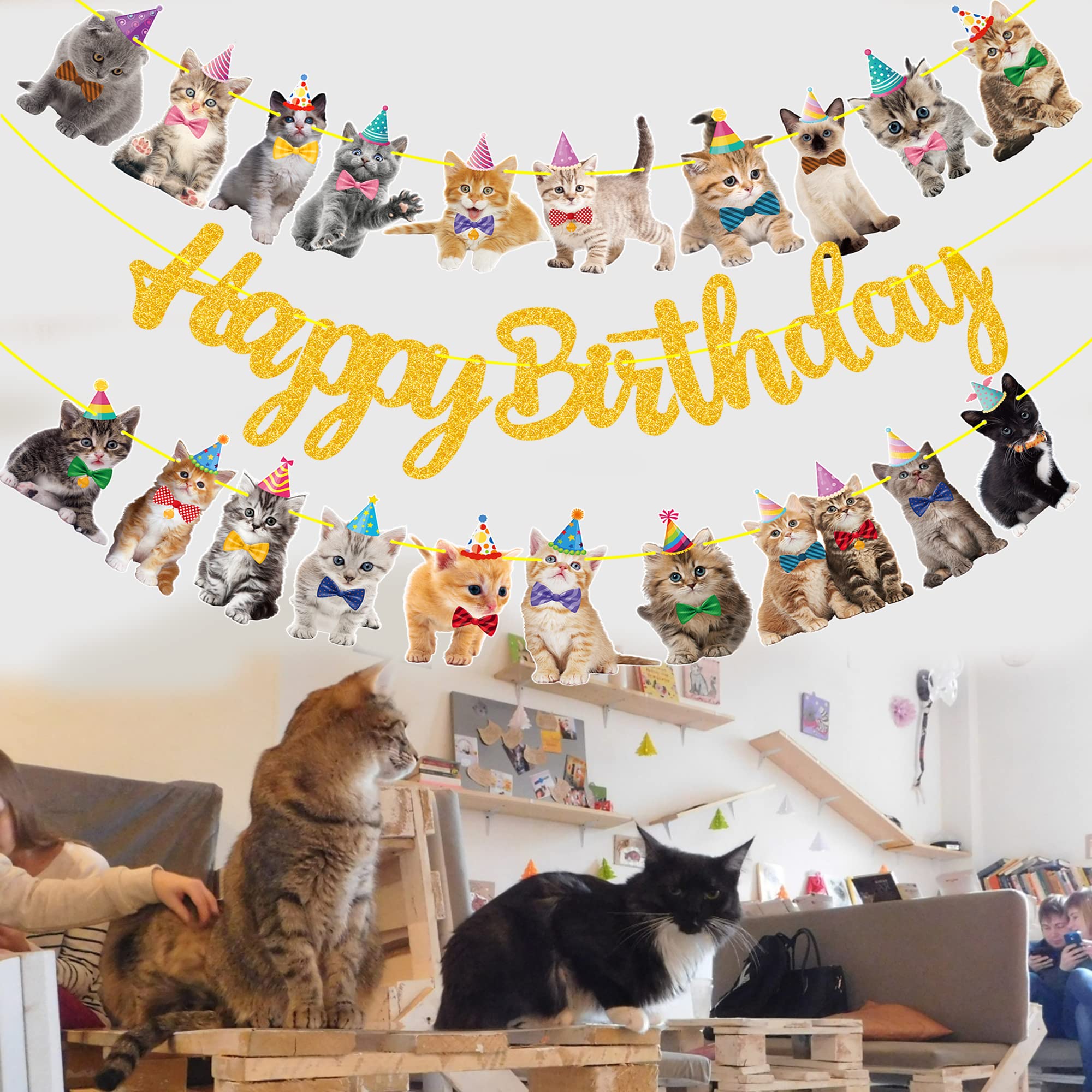 Gold Glitter Happy Birthday Banner for Cat & Kitten Theme Party Decorations - Pet Birthday Party Supplies for Indoor & Outdoor Celebrations