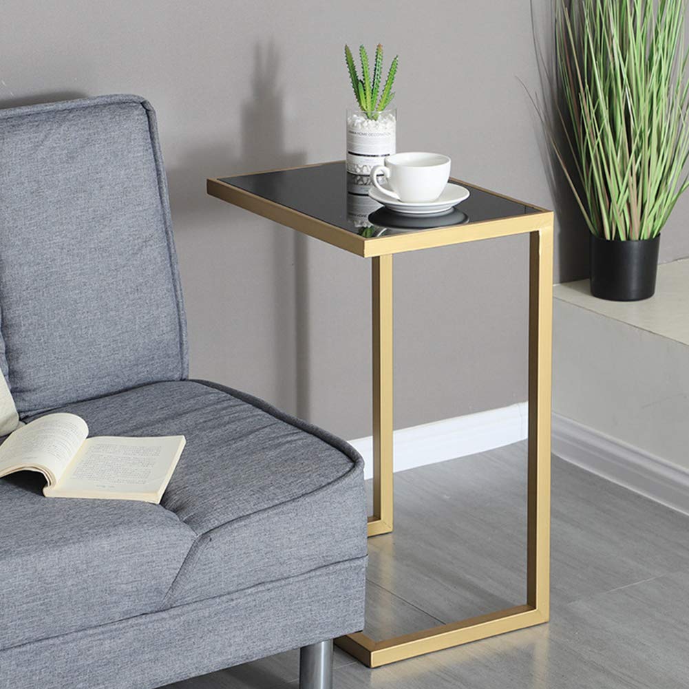25in Sofa Side Table Snack Table - C-Shaped End Table with Tempered Glass Top, Sturdy Wrought Iron Frame - Portable Laptop Desk for Living Room, Bedroom, Office & Dorm - Perfect for Snacking, Reading & Working from Home