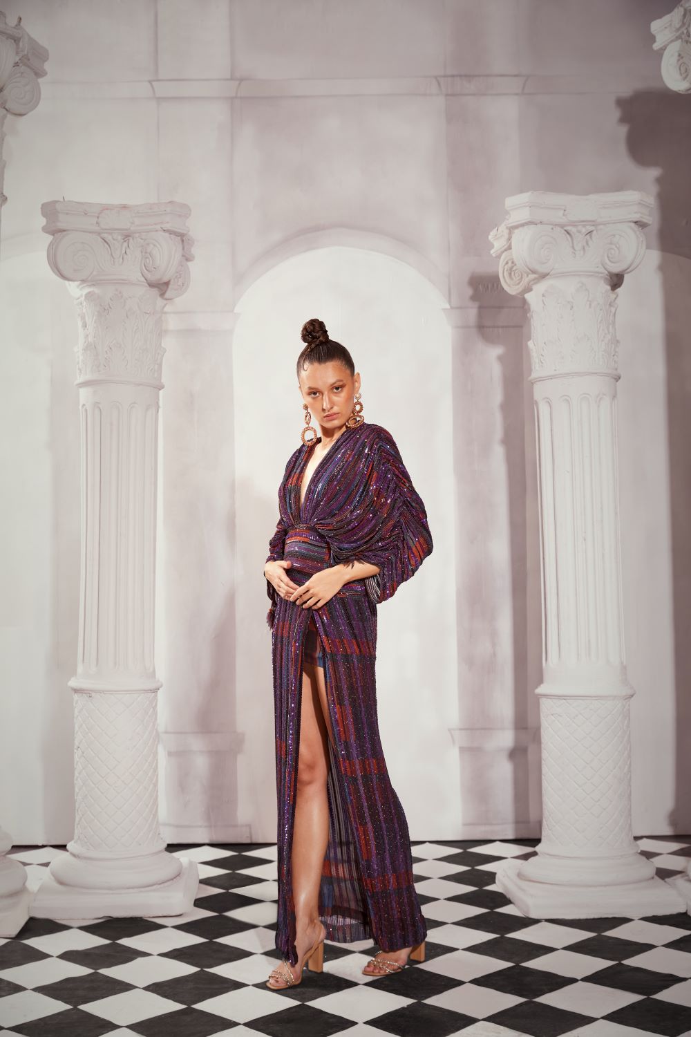 Elegant Tangerine Tile Print Embellished Slit Dress for Women - Perfect for Evening Parties, Weddings & Special Occasions