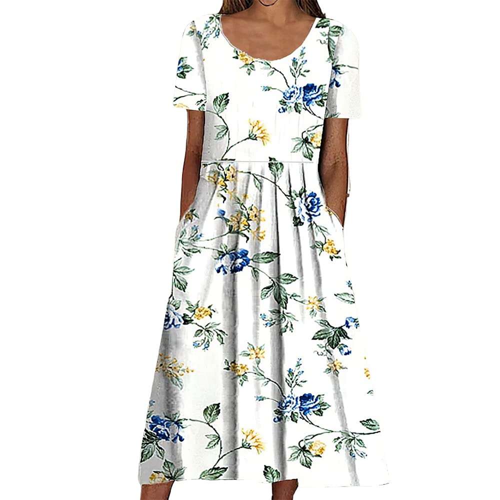 Women's Floral Print Midi Dress with Pockets - Half Sleeve Crewneck Casual Loose Fit Summer Dress for Women | Perfect for Beach, Vacation, and Everyday Wear