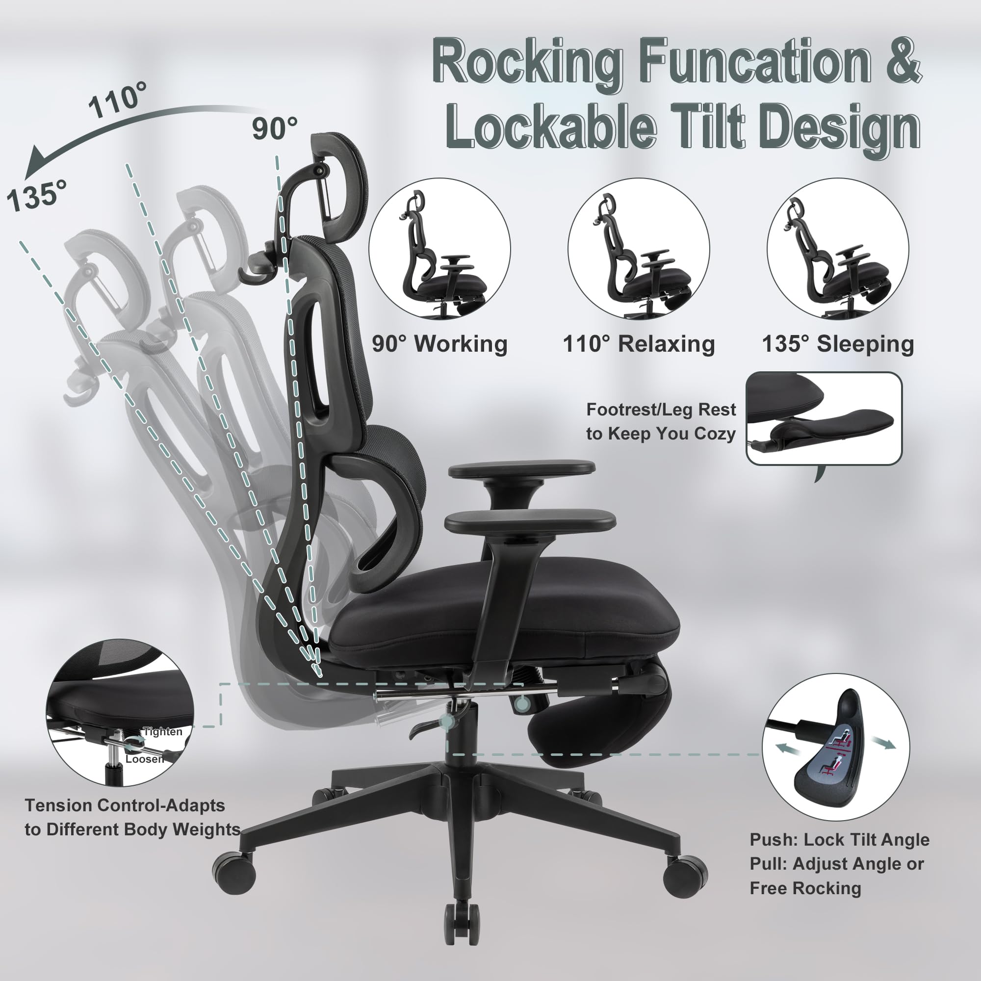 Ergonomic Office Chair with Footrest & Coat Hanger - High Back Mesh Computer Chair with Lumbar Support - Breathable High Resilience Sponge Seat - Adjustable Reclining Home Office Desk Chair (Black) - Perfect for Long Work Hours, Gaming & Remote Work
