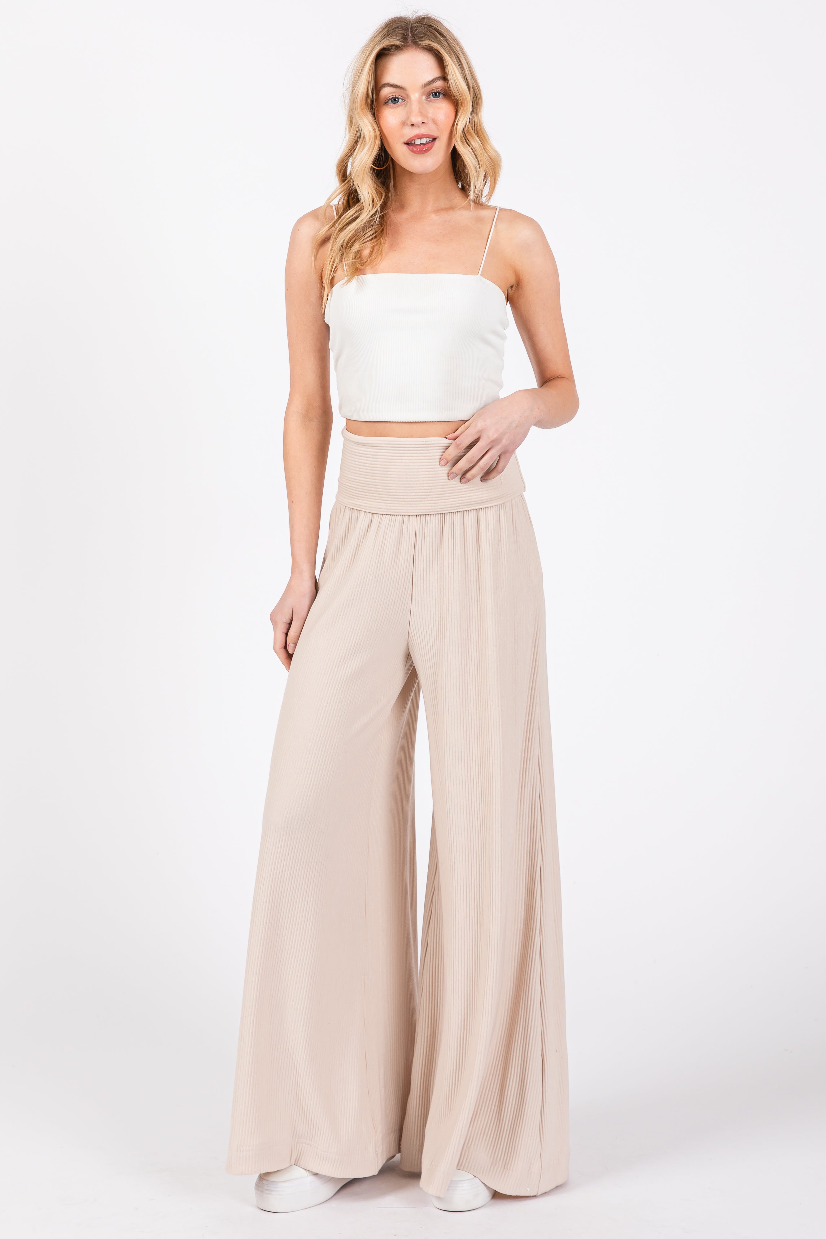 Beige Ribbed Foldover Waist Maternity Wide Leg Pants for Pregnancy Comfort - Soft Stretchy Lounge Pants for Moms-to-Be, Perfect for Home, Office & Casual Outings
