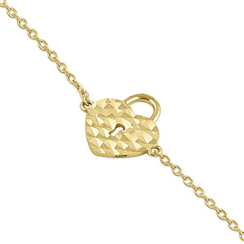 14K Solid Yellow Gold Faceted Heart Lock Bracelet for Women - Elegant Jewelry Gift for Valentine's Day, Anniversary & Special Occasions