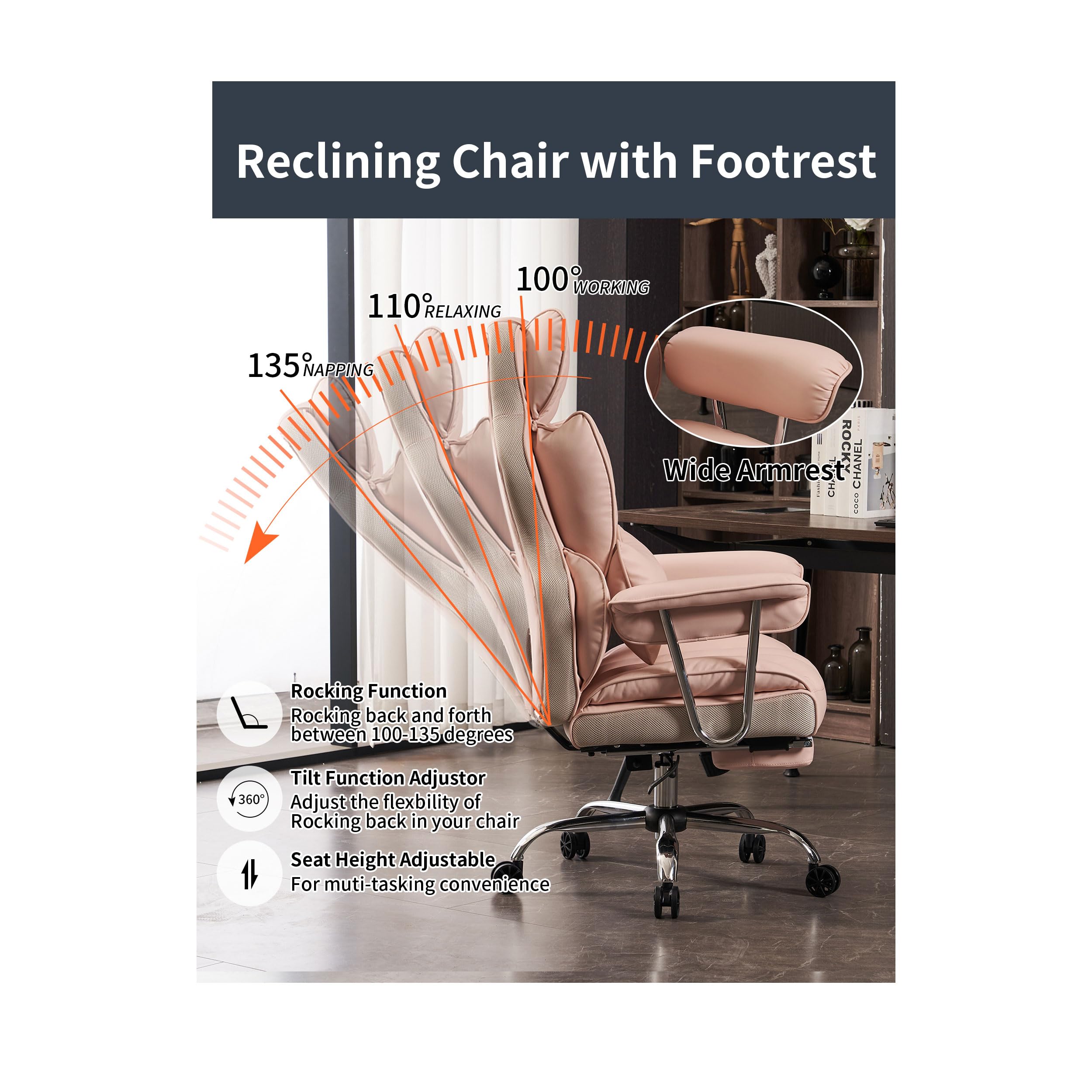 Efomao Big and Tall Office Chair 400LBS Heavy Duty Executive Chair with Footrest - Pink Oversized Computer Desk Chair for Home Office, Gaming & Workspace Comfort