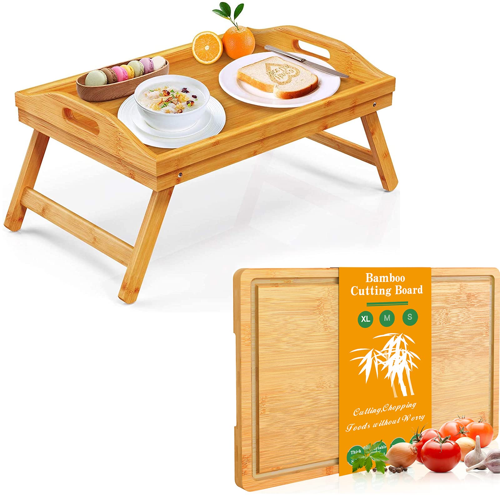 Foldable Bamboo Bed Tray with Removable Legs & Built-in Cutting Board - 18x12 Inches - Perfect for Breakfast in Bed, Laptop Work, or Crafting