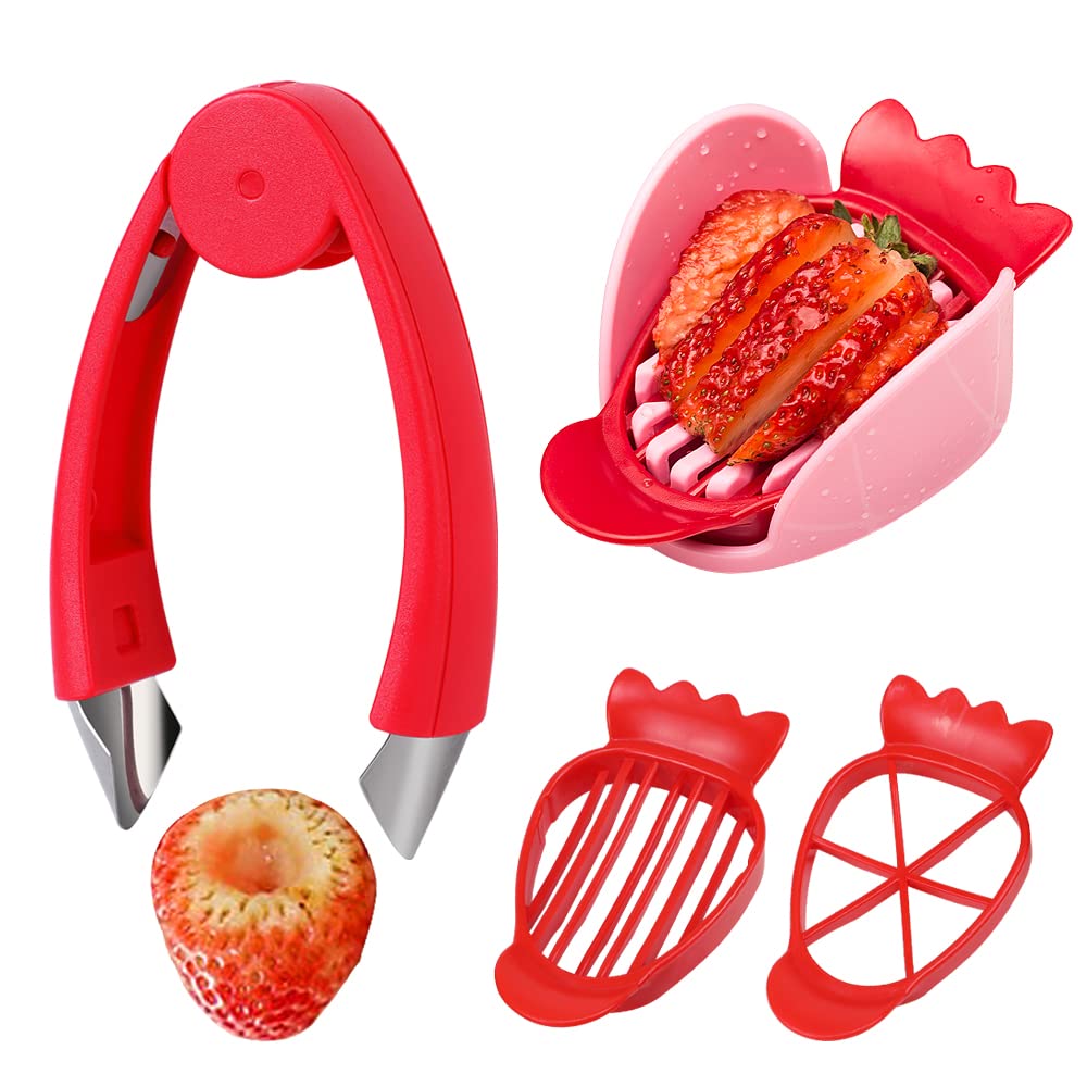 Strawberry Huller and Slicer Set - Stainless Steel Corer Cutter with Stem Remover & Serving Platter - Perfect for Fruit Salad, Cake Decorating, and DIY Kitchen Gadgets