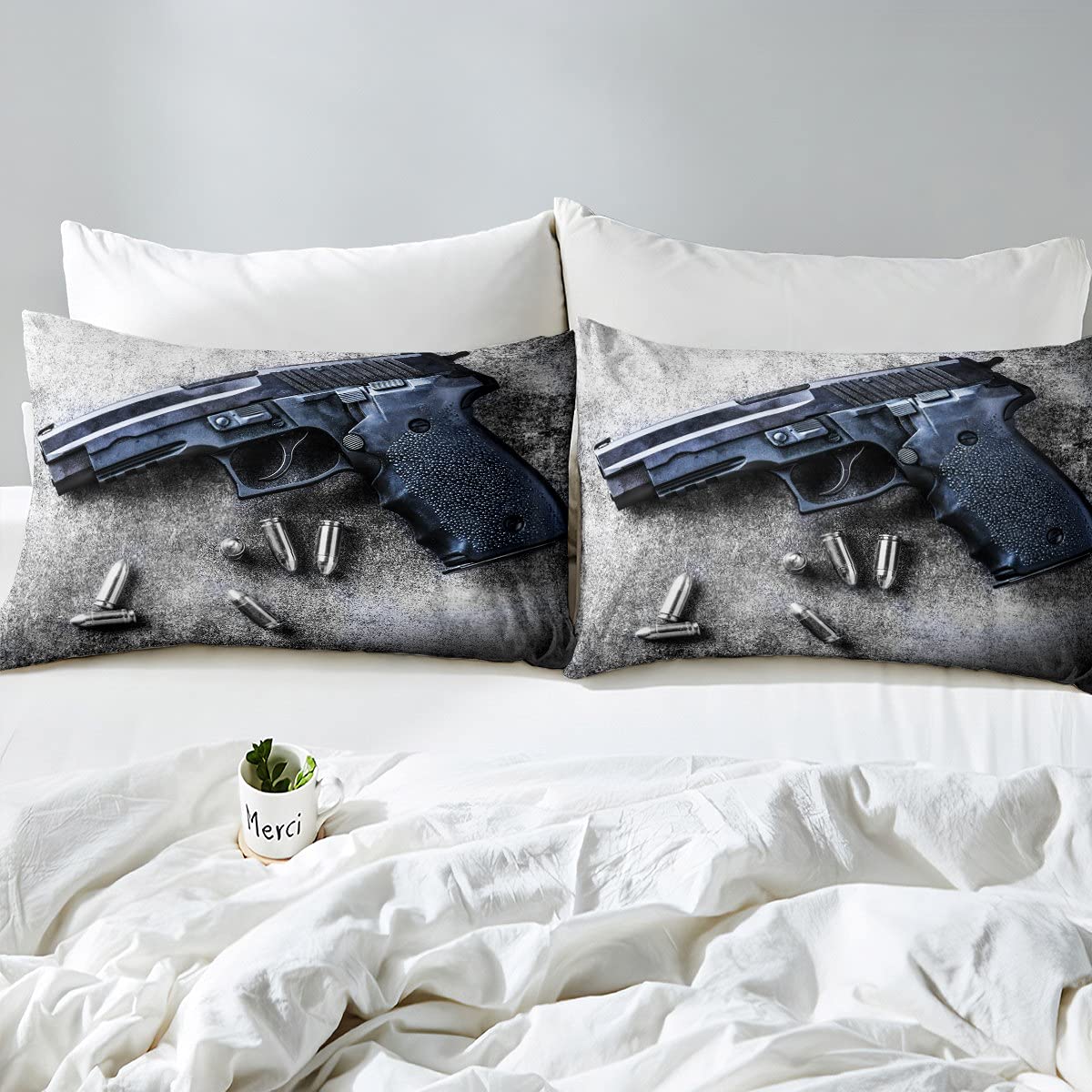 Military Gun Comforter Set - 3D Printed Handgun Design King Size Bedding with 2 Pillowcases for Boys, Girls & Adults | Tactical Bedroom Decor for Gun Enthusiasts & Patriotic Home Styling