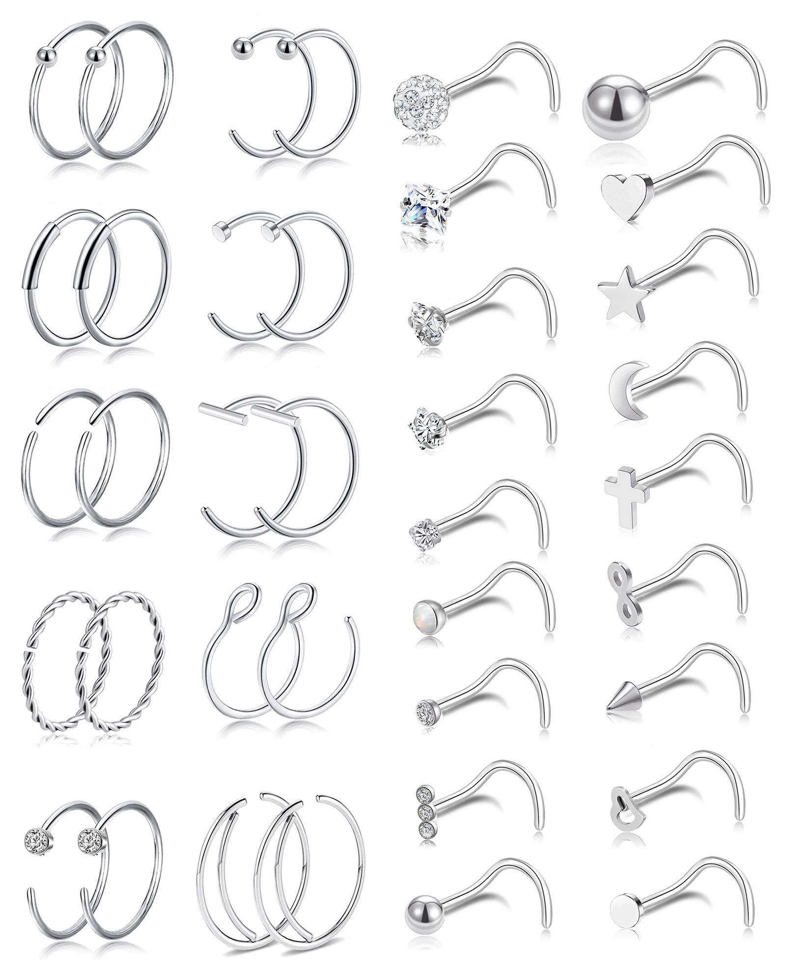 Ofeiyaa Stainless Steel Nose Rings - Geometric Nose Studs, Septum Hoop & Cartilage Earrings (L & I Shape) - Body Piercing Jewelry for Women in Silver & Rose Gold | Perfect for Everyday Wear, Parties & Self-Expression