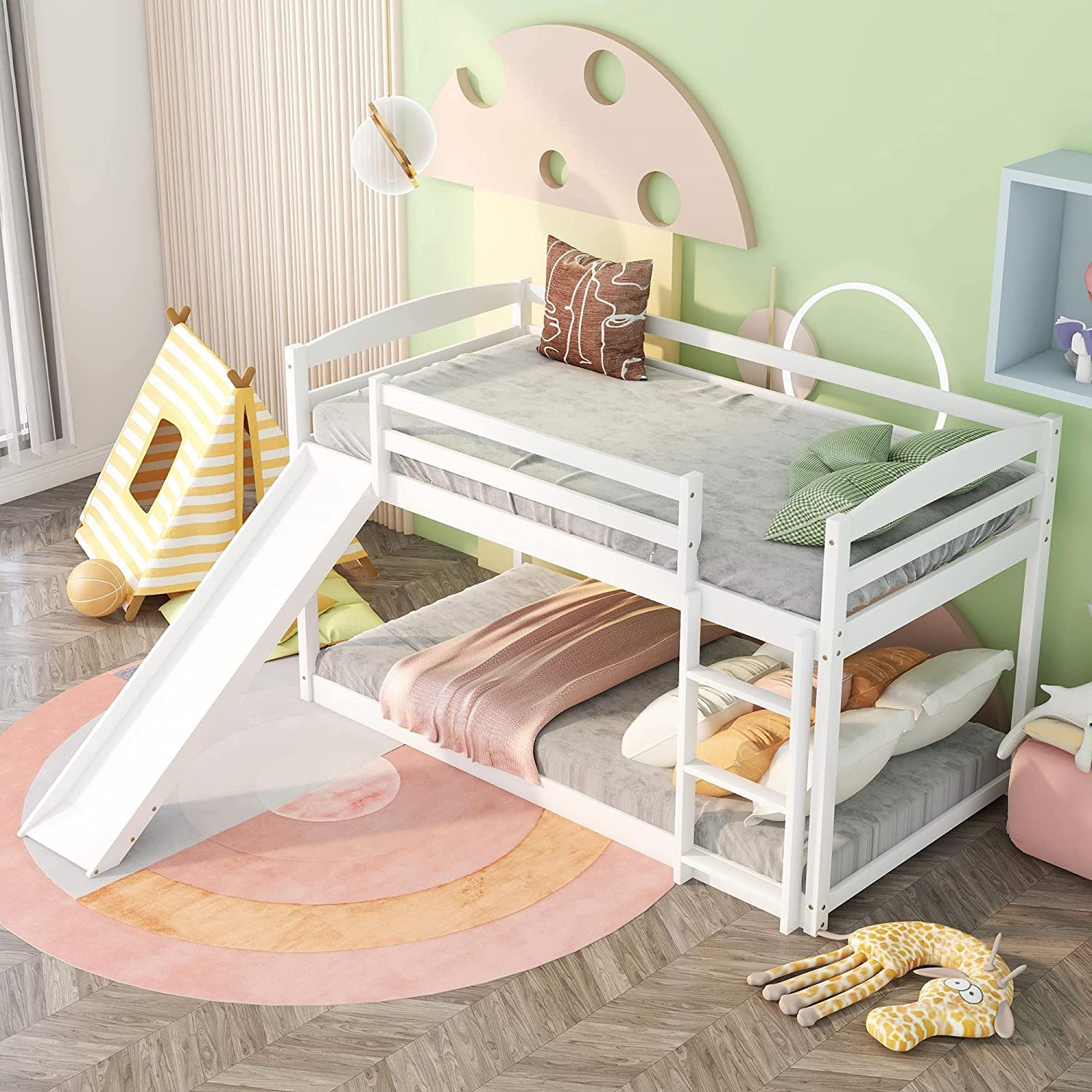 Harper & Bright Designs Twin Over Twin Wooden Bunk Bed with Slide & Ladder - Low Profile Kids Bunk Bed for Toddler Boys & Girls, White - Perfect for Small Bedrooms, Playrooms & Sleepovers