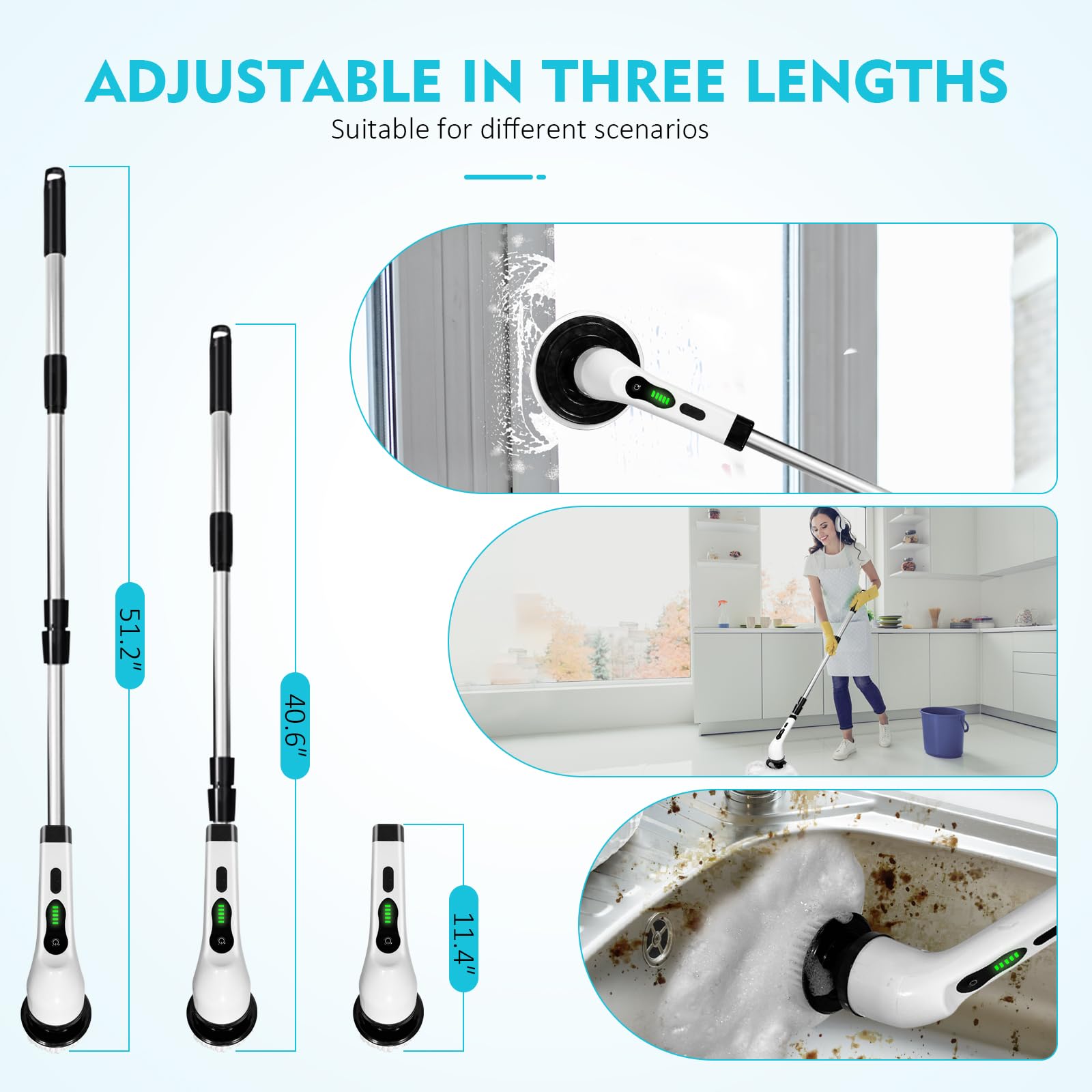 Electric Spin Scrubber with 9 Replacement Heads & Extendable Handle - Power Cleaning Brush for Bathroom, Kitchen, Tile, Floor, Tub, Car - Perfect for Deep Cleaning Showers, Sinks, Grout & Vehicle Interiors