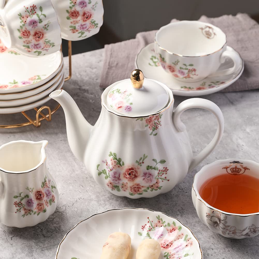 Royal British Porcelain Tea Set - 8 OZ Cups & Saucers for 6 with Teapot, Sugar Bowl, Cream Pitcher & Accessories | Elegant Rose Floral Design for High Tea, Weddings, Bridal Showers & Afternoon Tea Parties