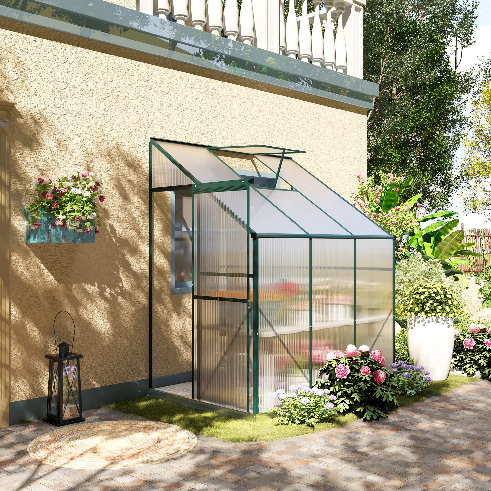 Outsunny 6x4x7 FT Walk-in Polycarbonate Greenhouse Kit with Aluminum Frame, Sliding Door & Roof Vent - Lean-to Hot House for Gardening, Plant Growing & Backyard Greenhouse - Perfect for Small Gardens, Balconies & Urban Farming