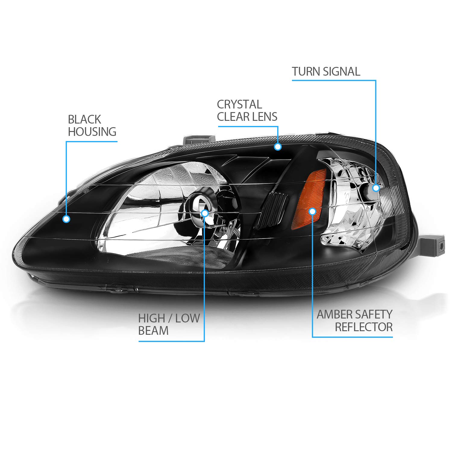 AmeriLite Black Replacement Headlights Set for 1999-2000 Honda Civic - Left & Right Side Headlamps - Perfect for Night Driving & Foggy Conditions